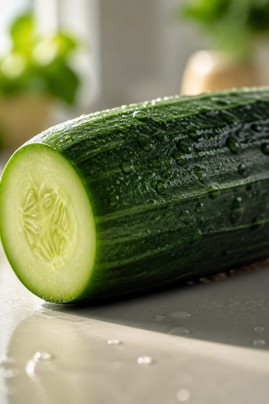 Cucumber occupying frame in bright kitchen lighting