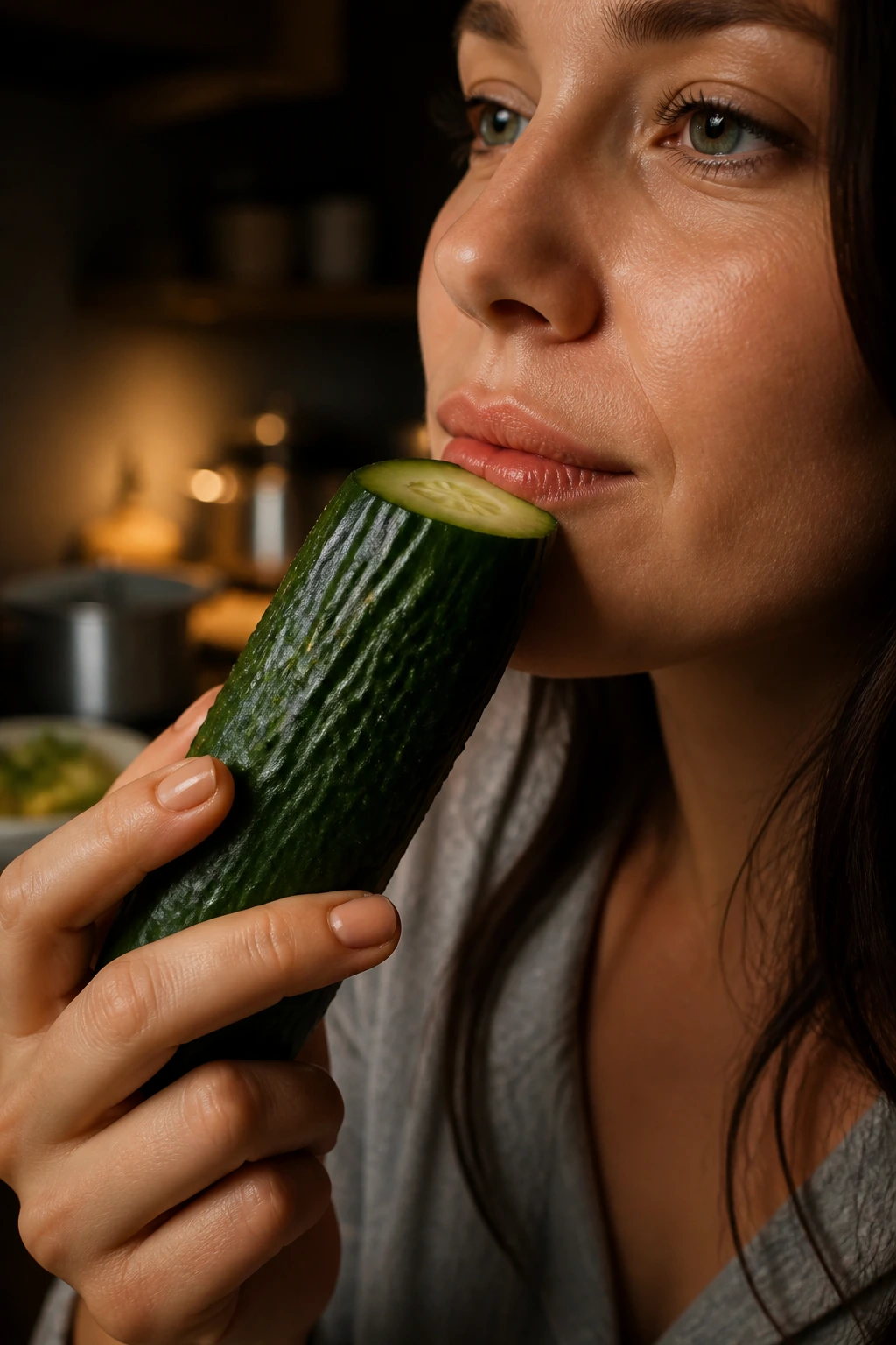 12 Surprising Health Benefits of Eating Cucumbers at Night 12 Cucumber near lips in kitchen suggesting breath freshening
