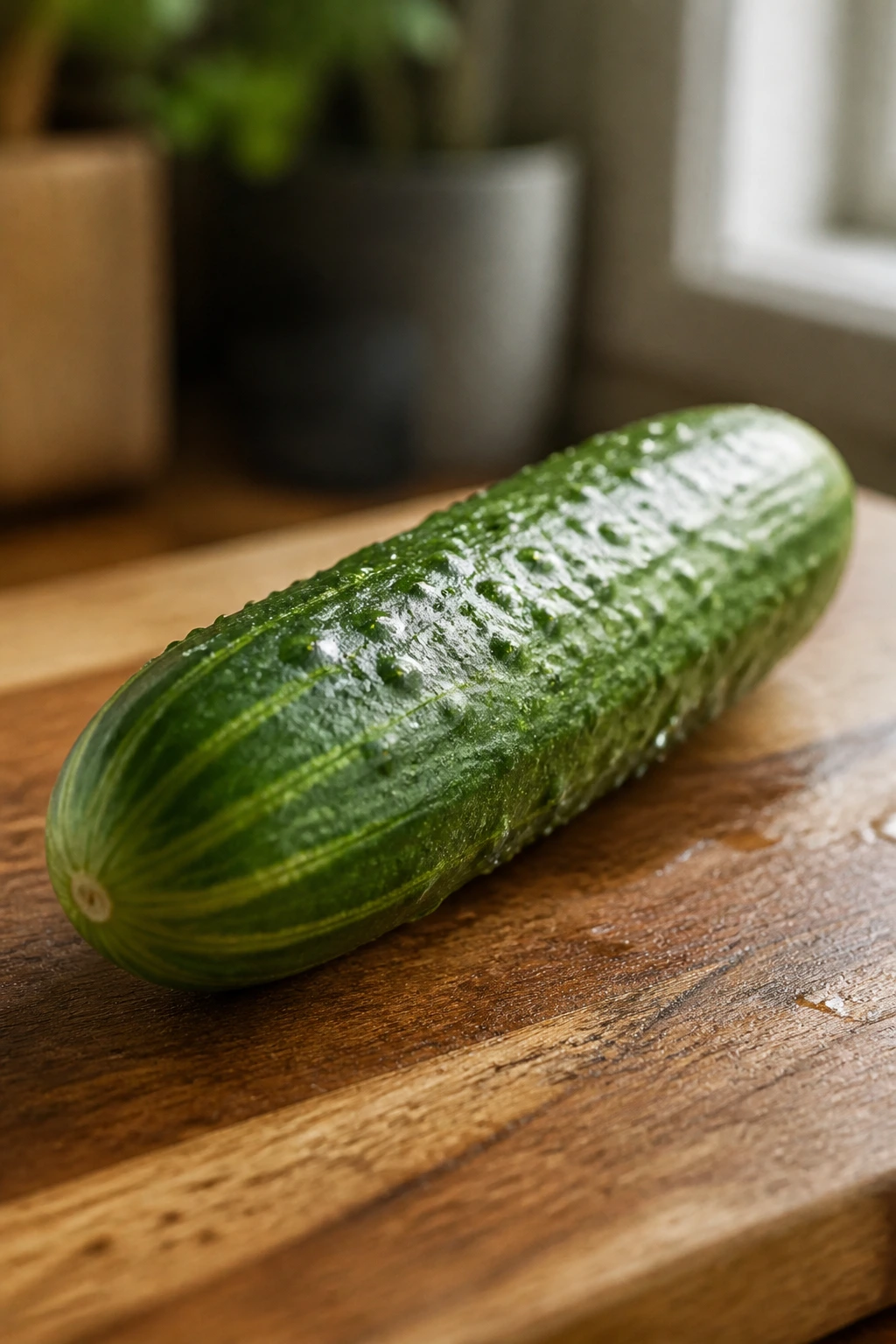 Cucumber on a cutting board with water droplets in a kitchen, suggesting care and freshness.