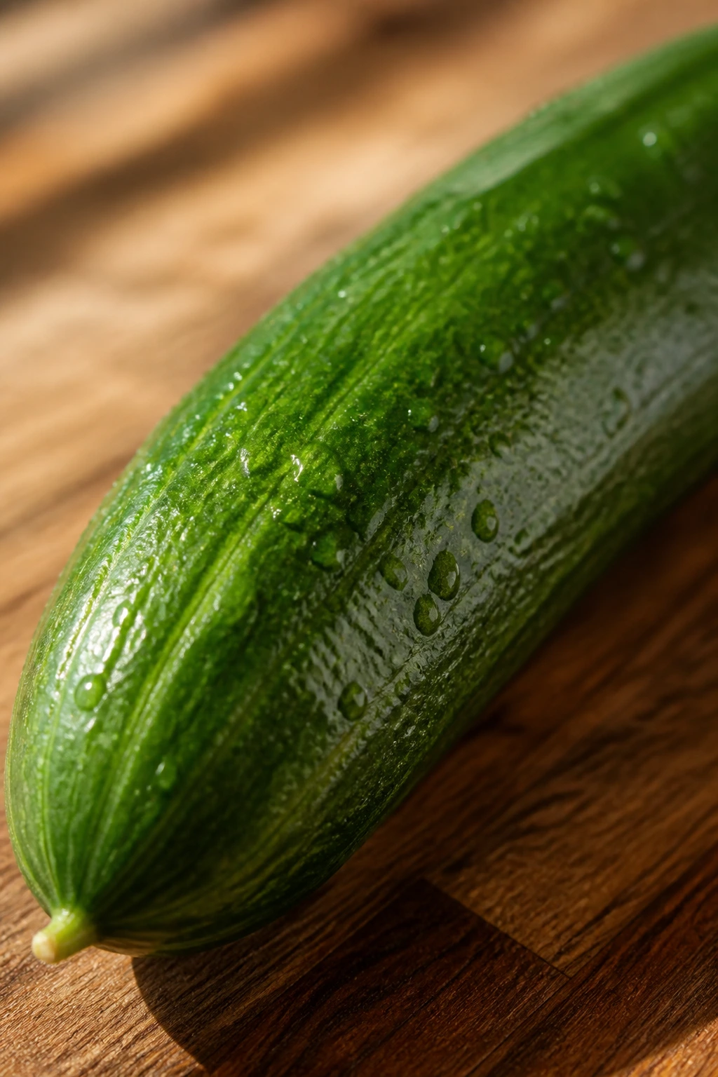 Do Cucumbers Affect Cholesterol Levels? Let's Find Out! 1 Close-up of a fresh cucumber with droplets on a wooden kitchen counter.