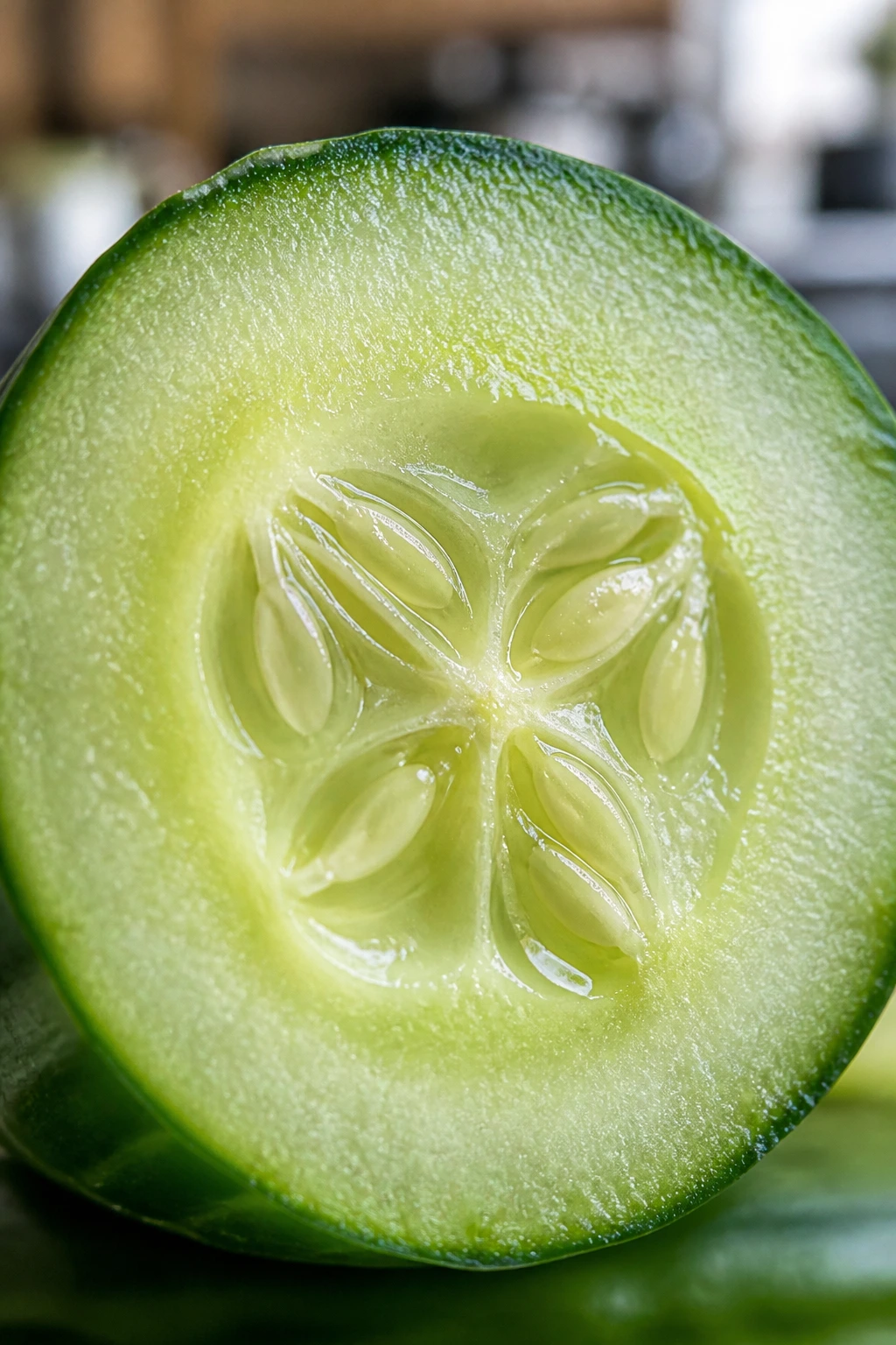Close-up cross-section of cucumber showing seeds and green flesh