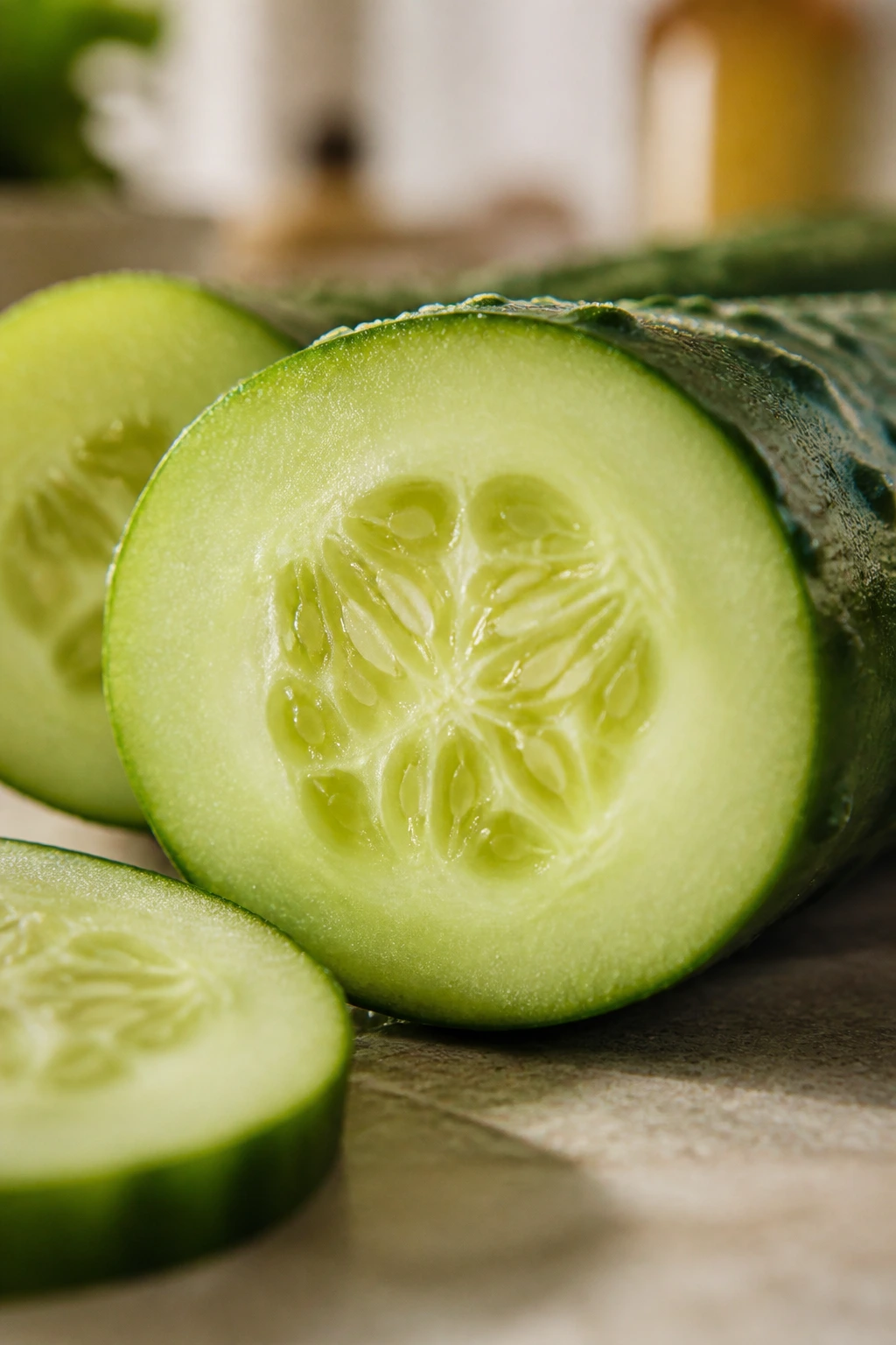 12 Surprising Health Benefits of Eating Cucumbers at Night 5 Cross-section cucumber filling frame on neutral counter