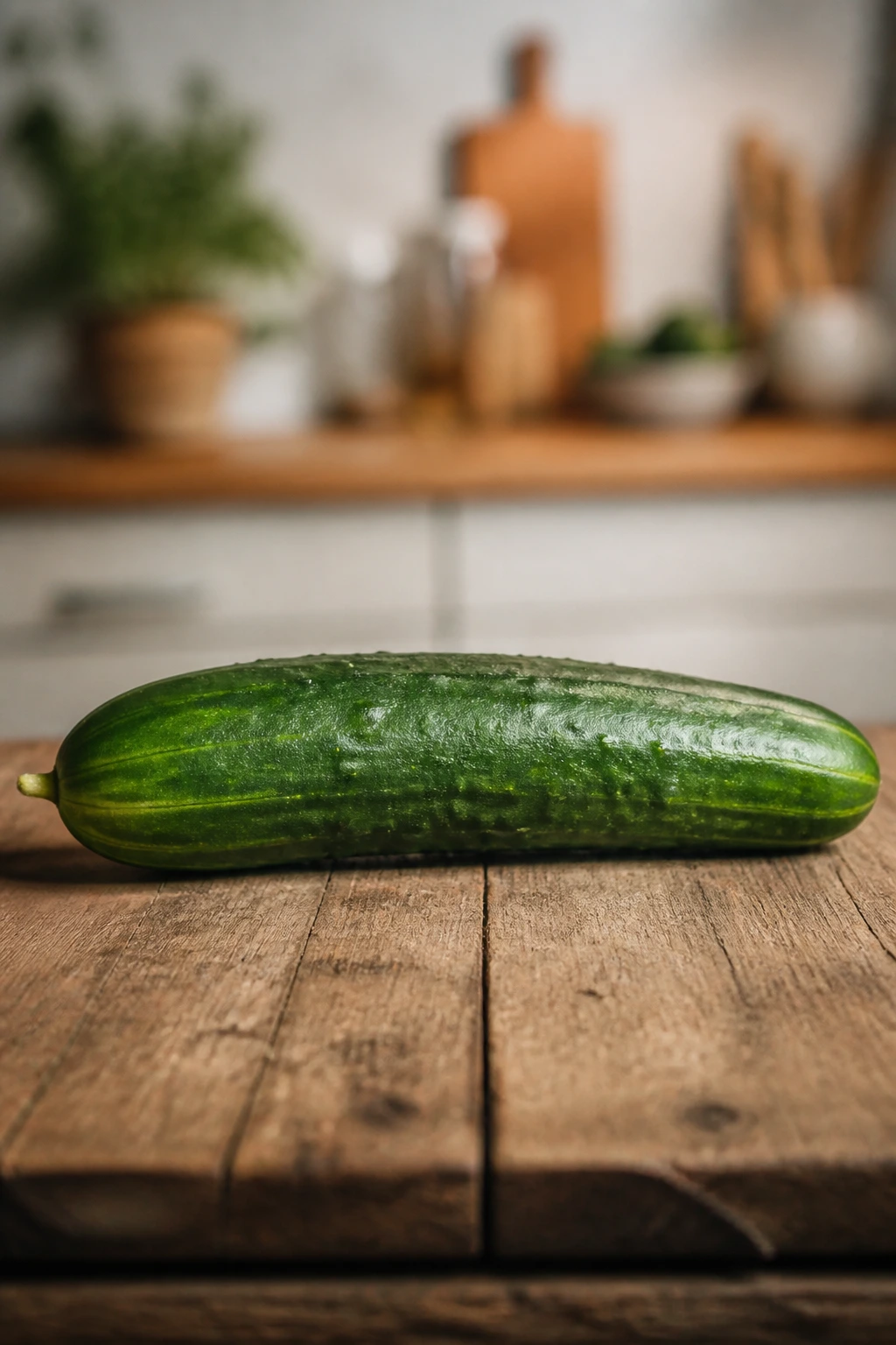 12 Surprising Health Benefits of Eating Cucumbers at Night 10 Whole cucumber centered on rustic table with kitchen background