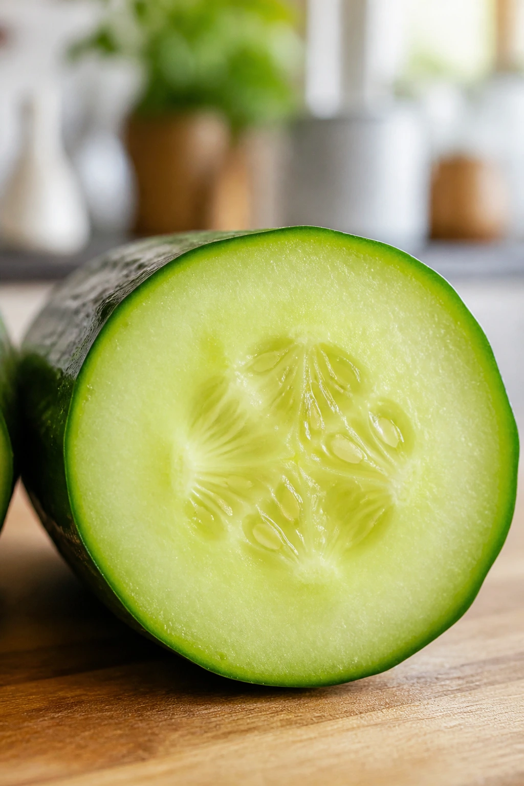 Cucumber half facing the camera showing interior texture in a bright kitchen.
