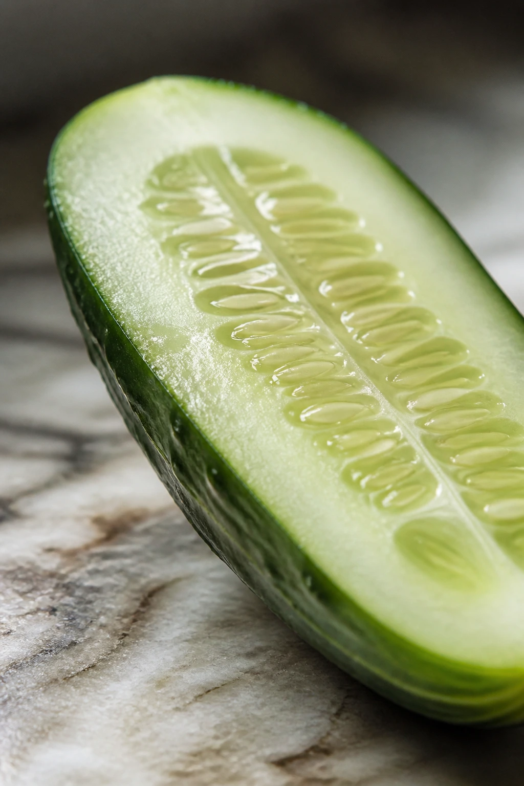 Cross-section of cucumber showing flesh and seeds on a rustic surface