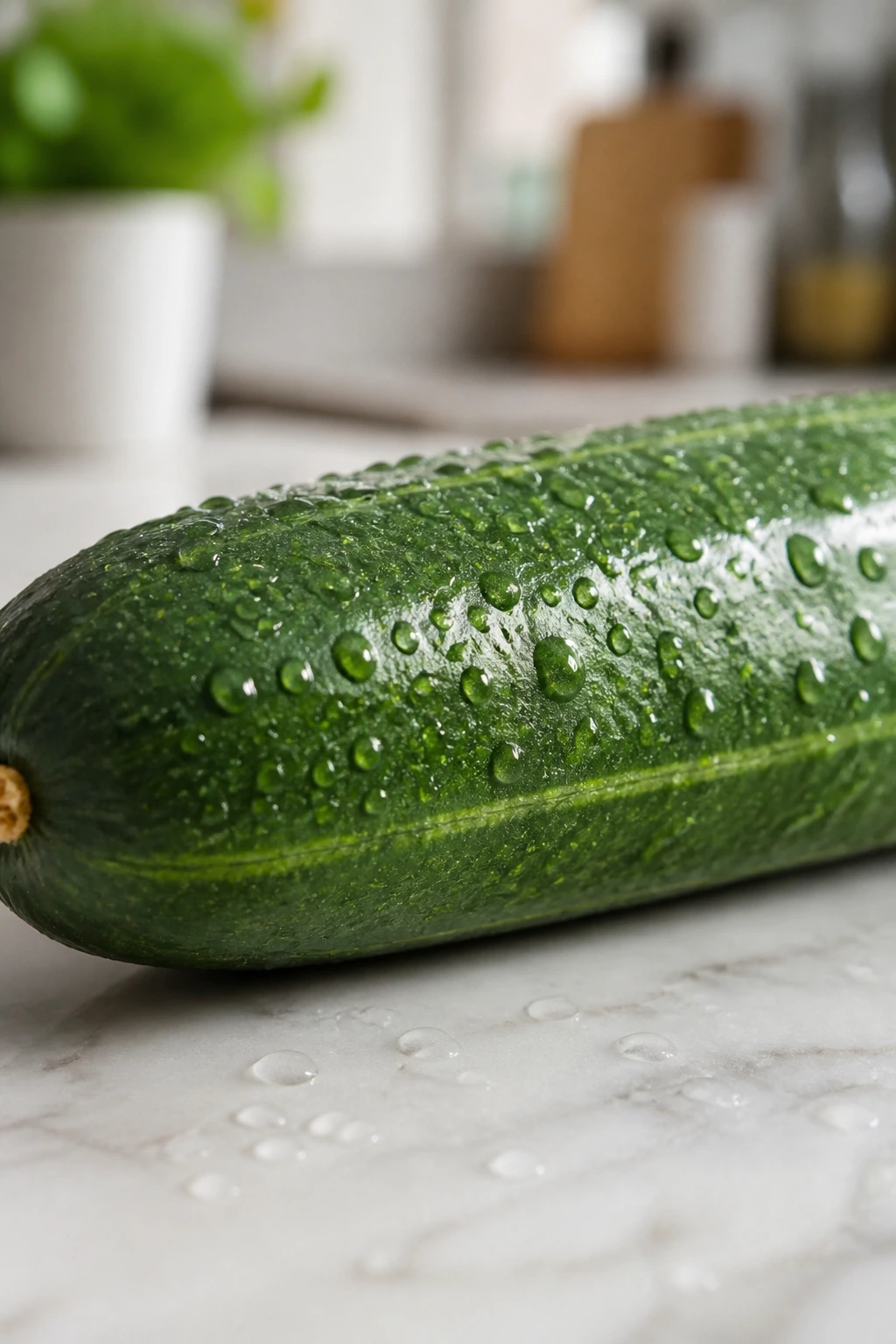Macro close-up of cucumber with dew drops on bright kitchen counter