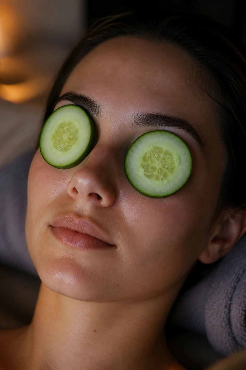 12 Surprising Health Benefits of Eating Cucumbers at Night 11 Real person with cucumber slices on eyes in dim bedroom
