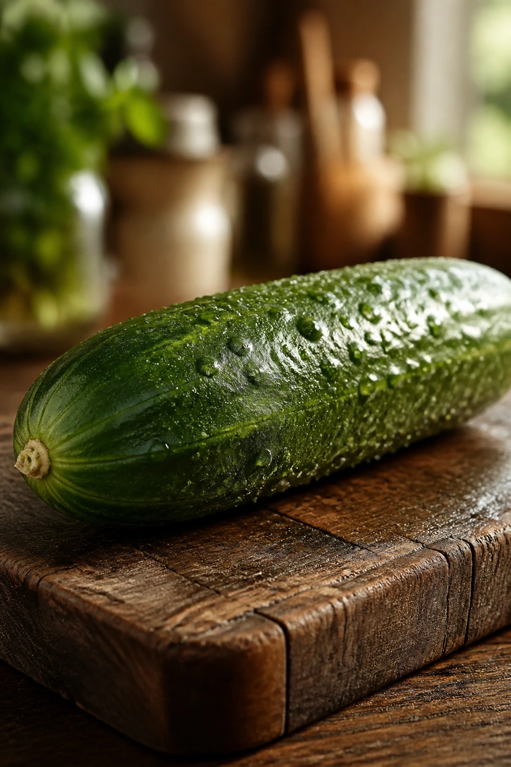 Is Cucumber Good For Fertility In Male And Female? 1 Close-up of a fresh cucumber on a wooden cutting board in a warm kitchen