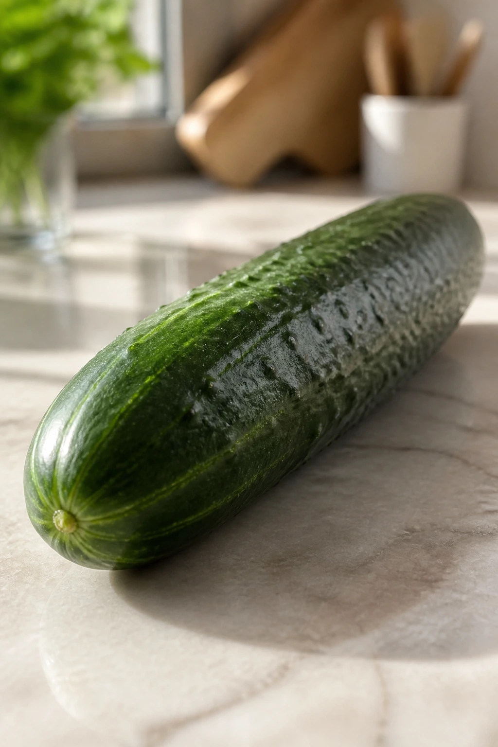 Is Cucumber Good For Fertility In Male And Female? 2 Close-up of a fresh cucumber on a kitchen countertop with soft daylight