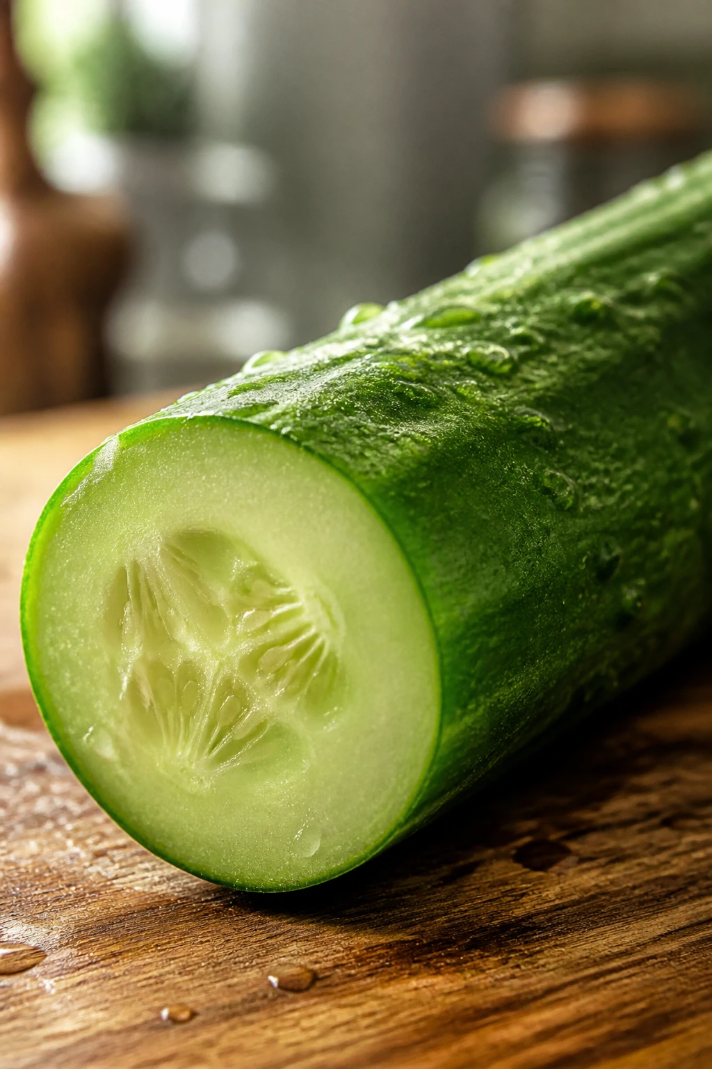 Close-up of a fresh cucumber on a wooden kitchen counter in natural light