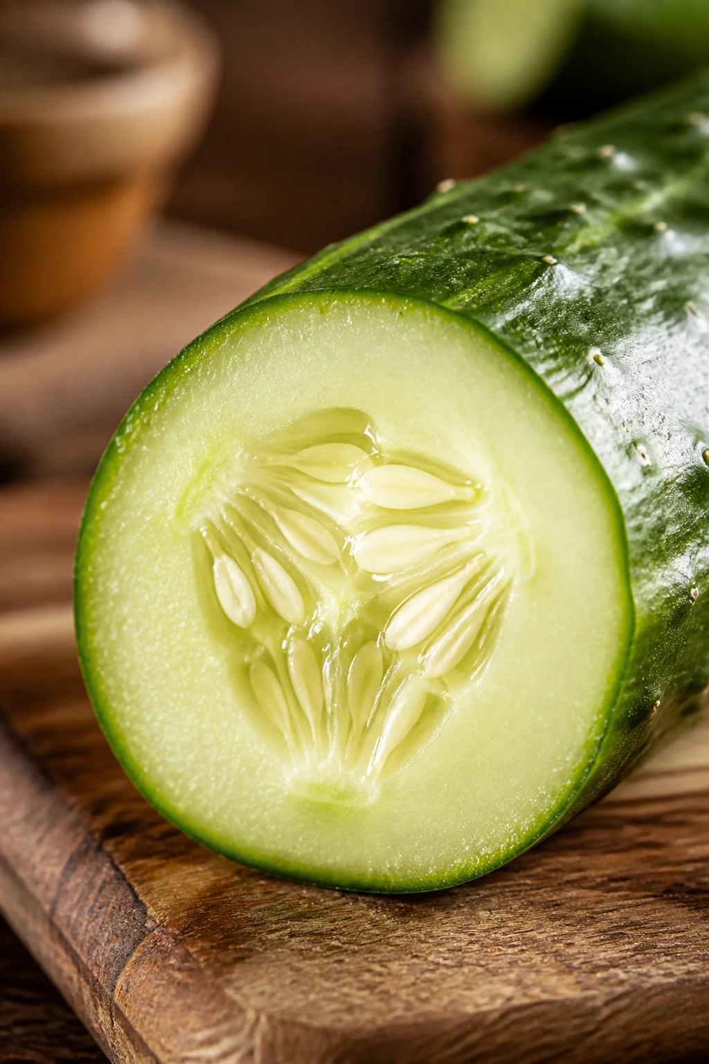 12 Surprising Health Benefits of Eating Cucumbers at Night 4 Cucumber half with visible seeds on a rustic board