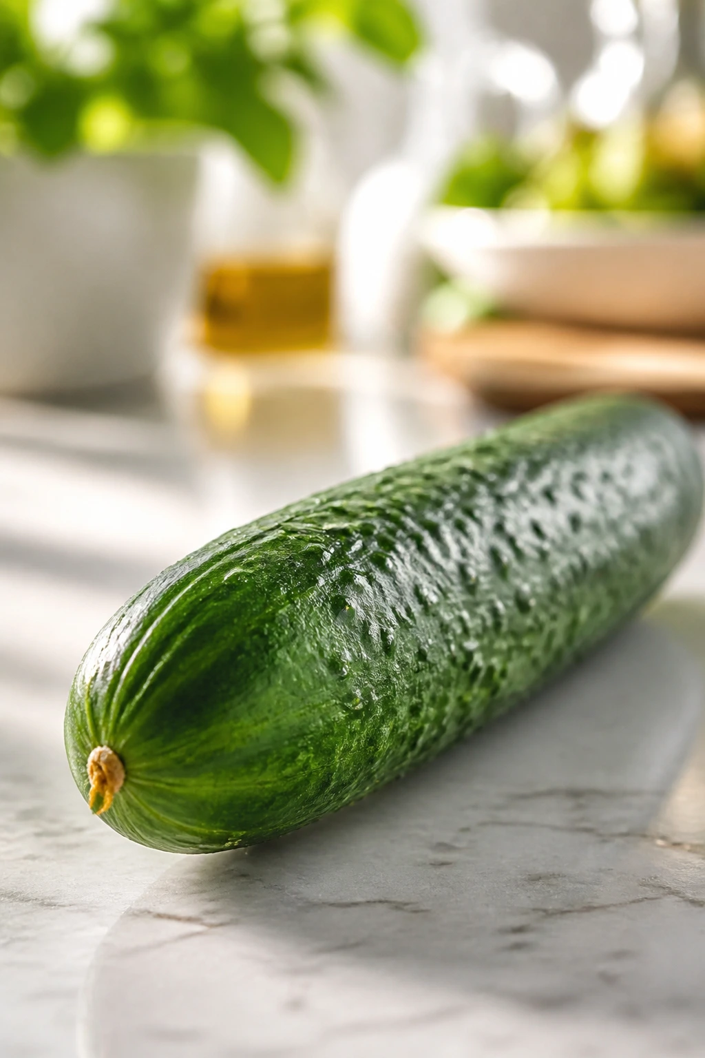 Cucumber on bright kitchen counter with soft vitality background