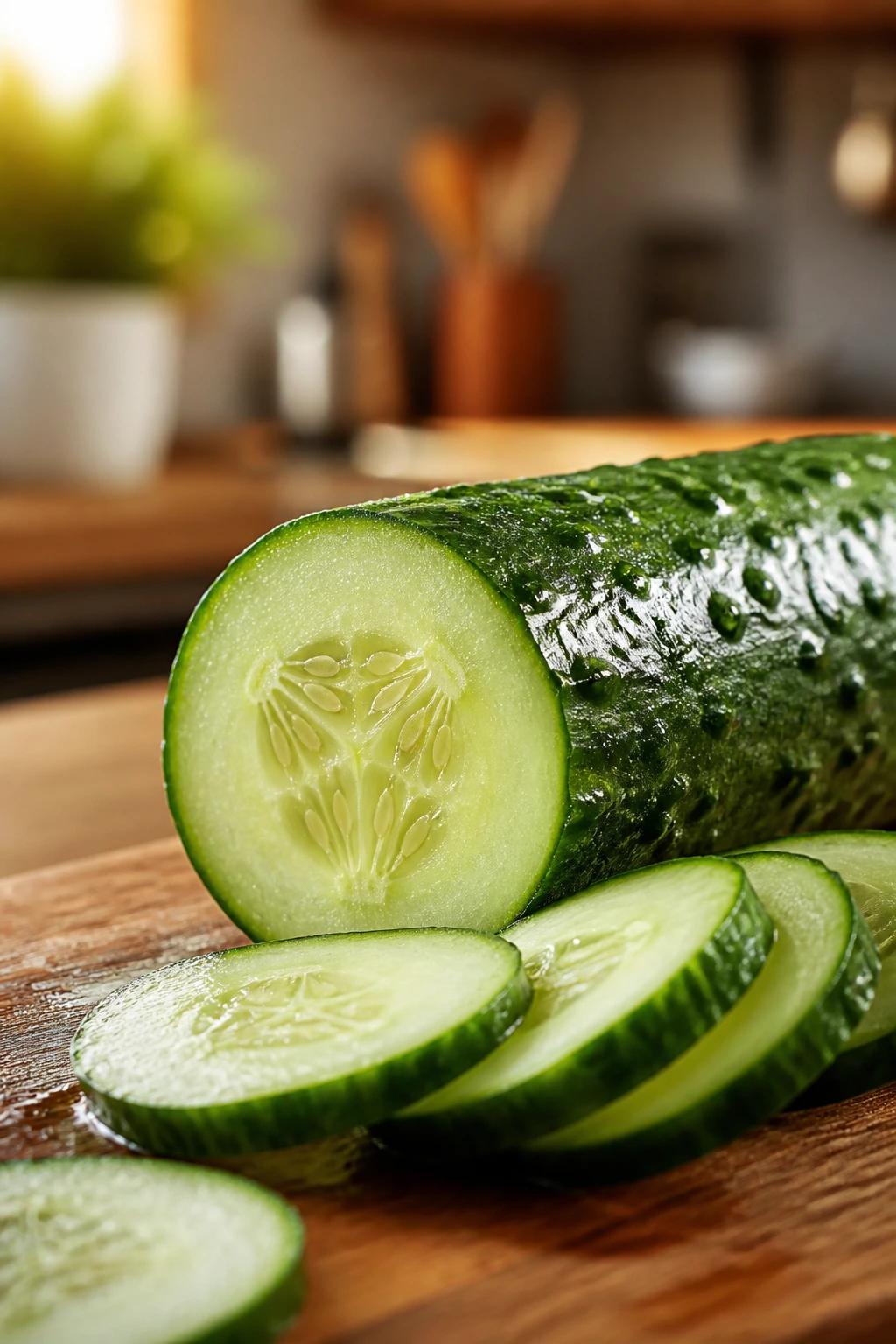Macro close-up of cucumber for heart health context in a warm kitchen