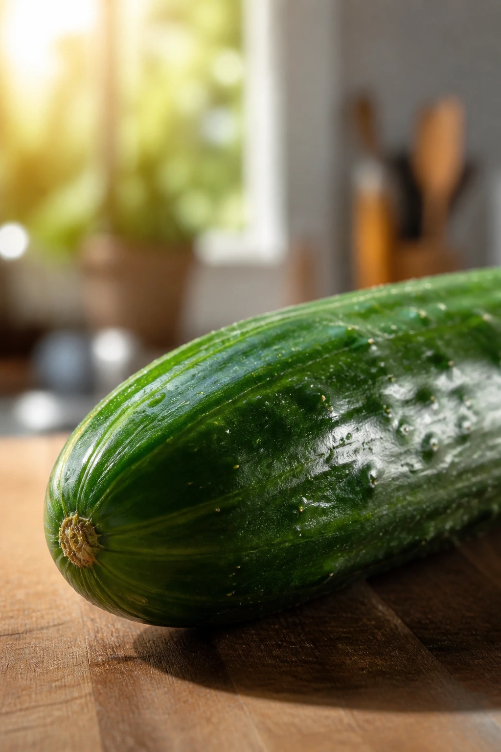 Cucumber on a sunlit kitchen table showing glossy green skin