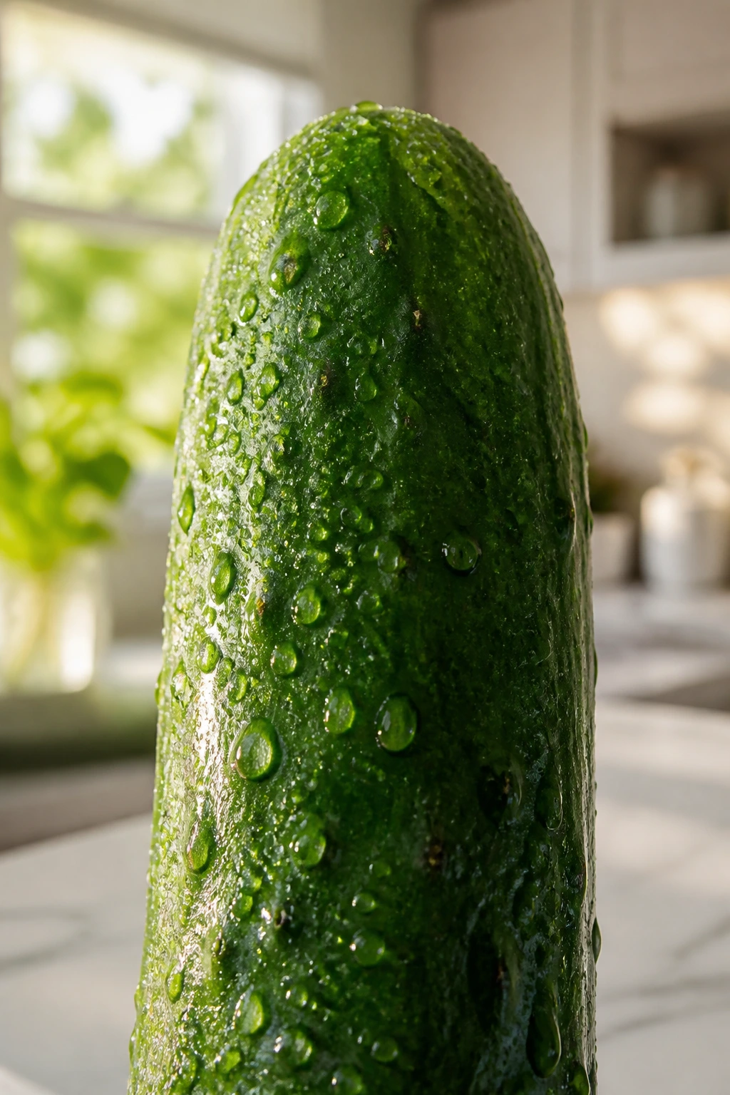 12 Surprising Health Benefits of Eating Cucumbers at Night 3 Dewy cucumber filling the frame on a bright counter