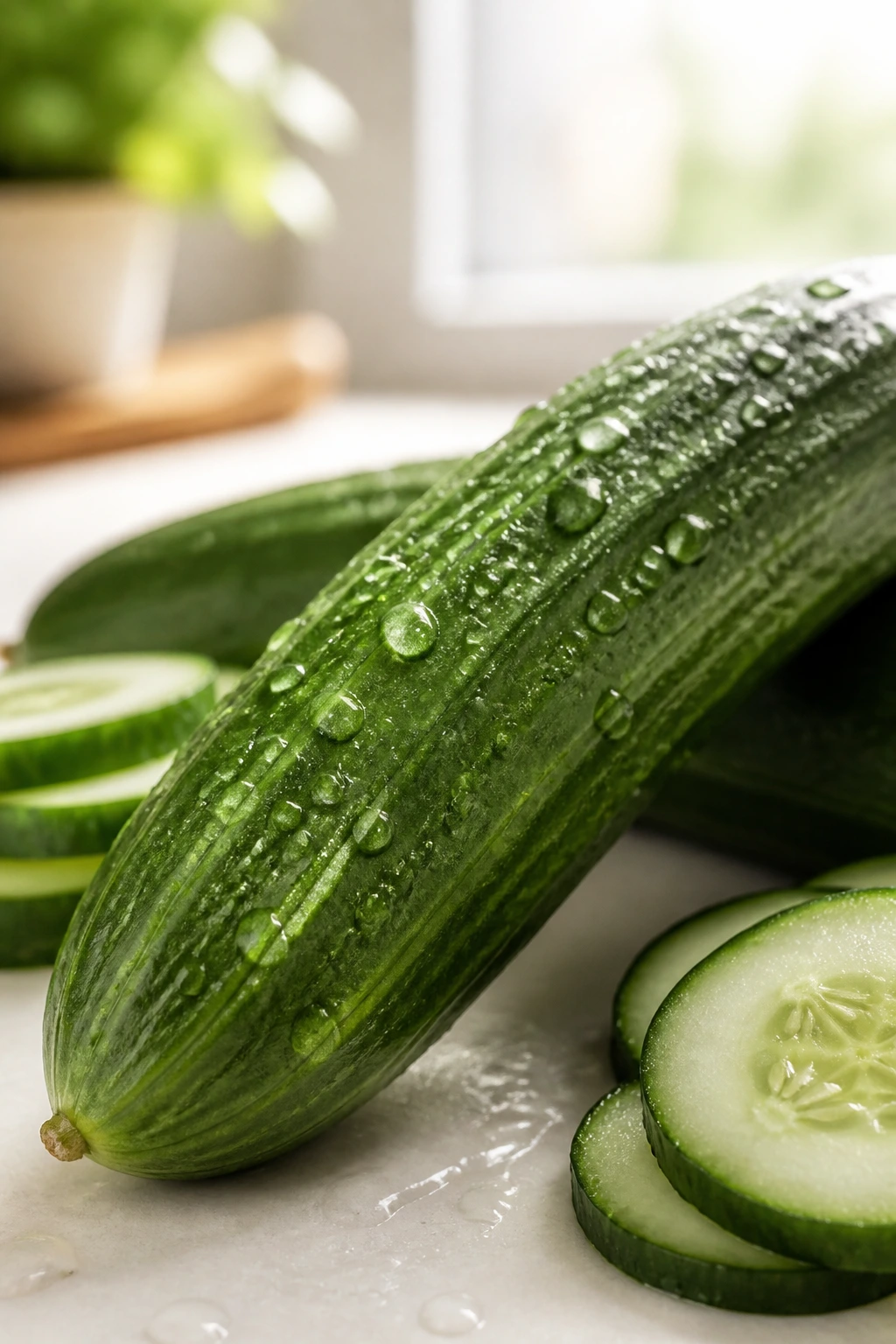 Macro close-up of a cucumber with water droplets highlighting hydration