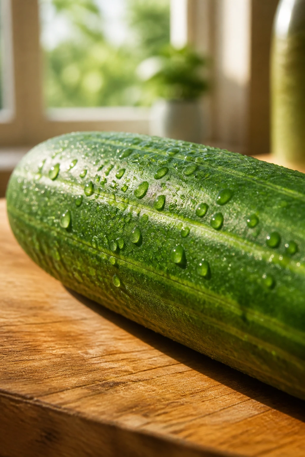 Close-up of a fresh cucumber on a wooden counter emphasizing hydration