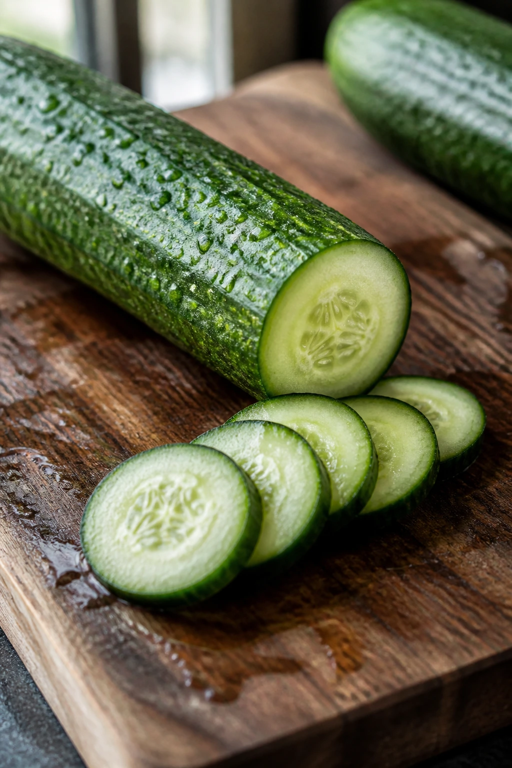 Banishing Breakouts: Are Cucumbers Good For Acne? 3 Fresh cucumber on a cutting board with water droplets