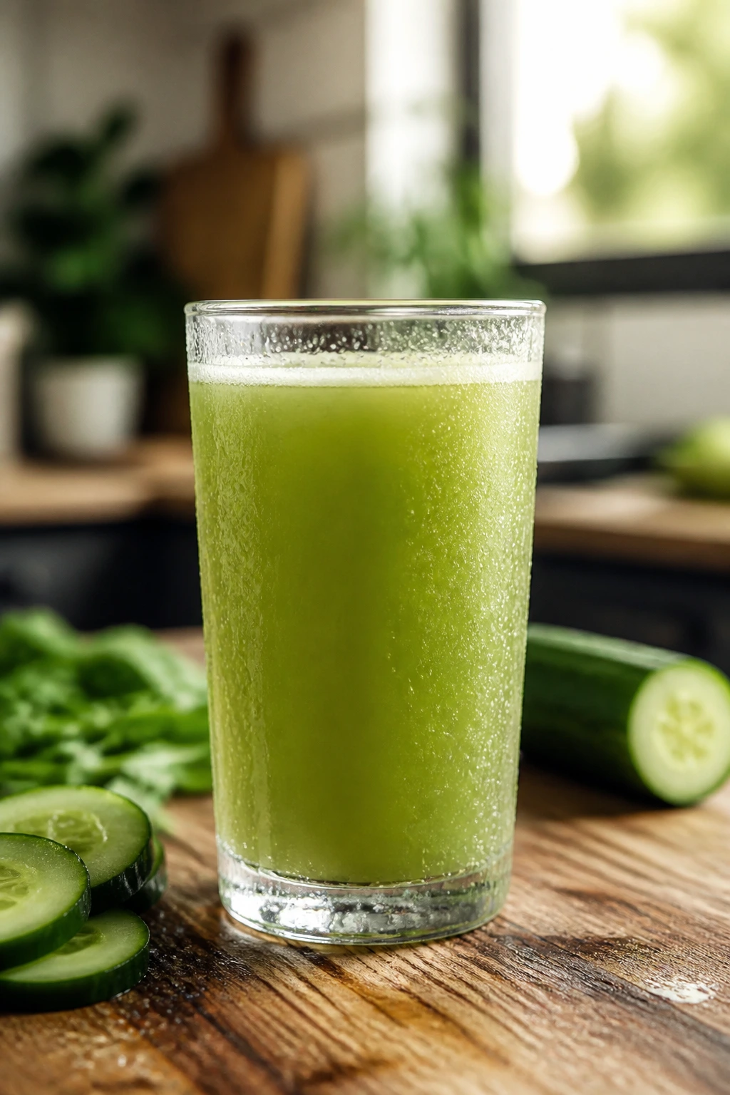 Close-up of pale green cucumber juice in a glass on a kitchen counter