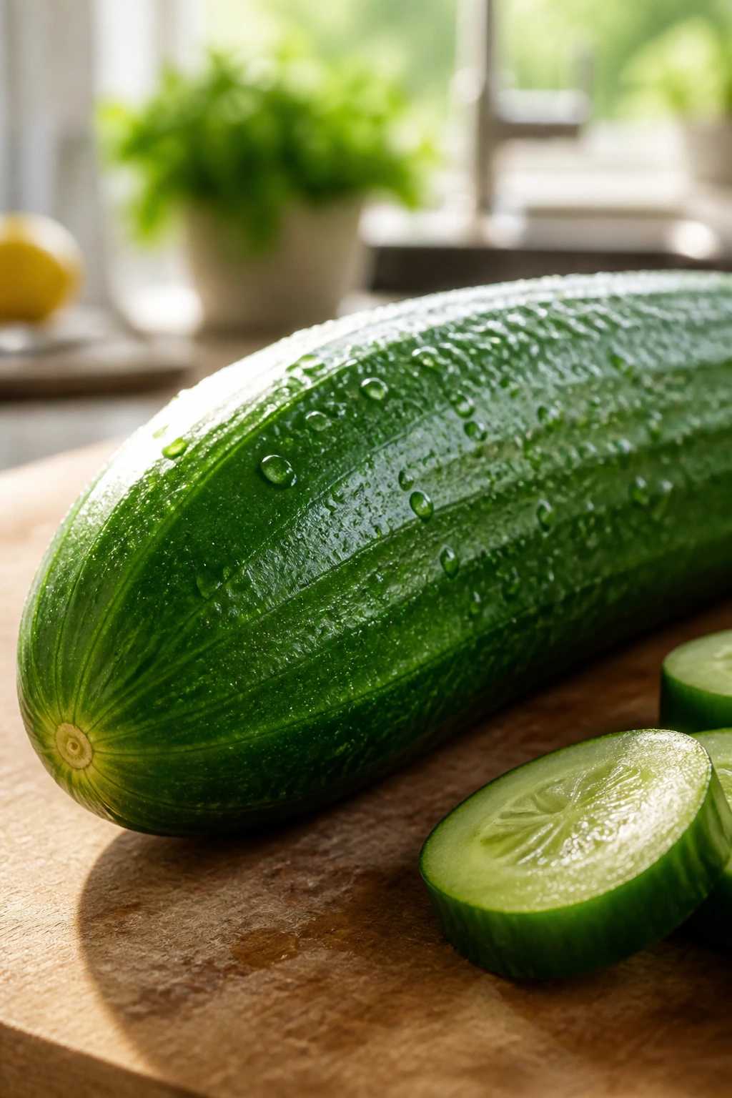 Fresh cucumber close-up on wooden cutting board in bright kitchen