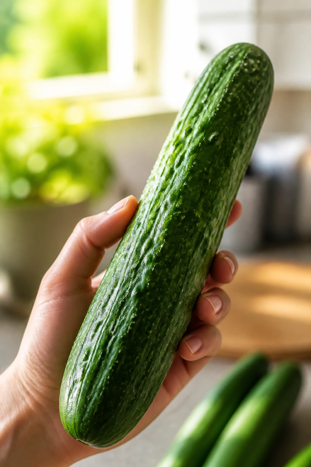 Close-up cucumber held in hand against a bright kitchen background.
