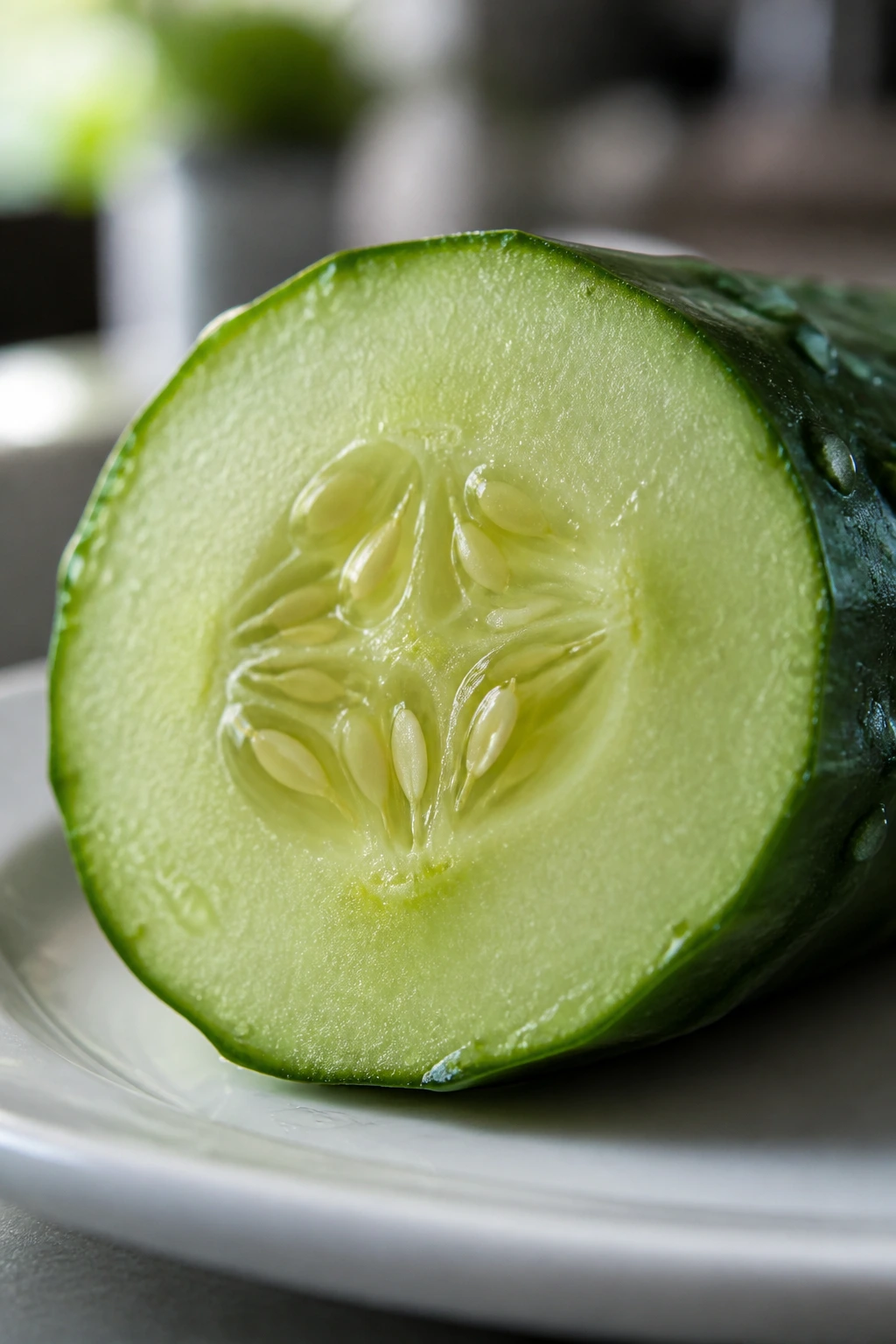 Macro close-up of a fresh cucumber slice on a plate