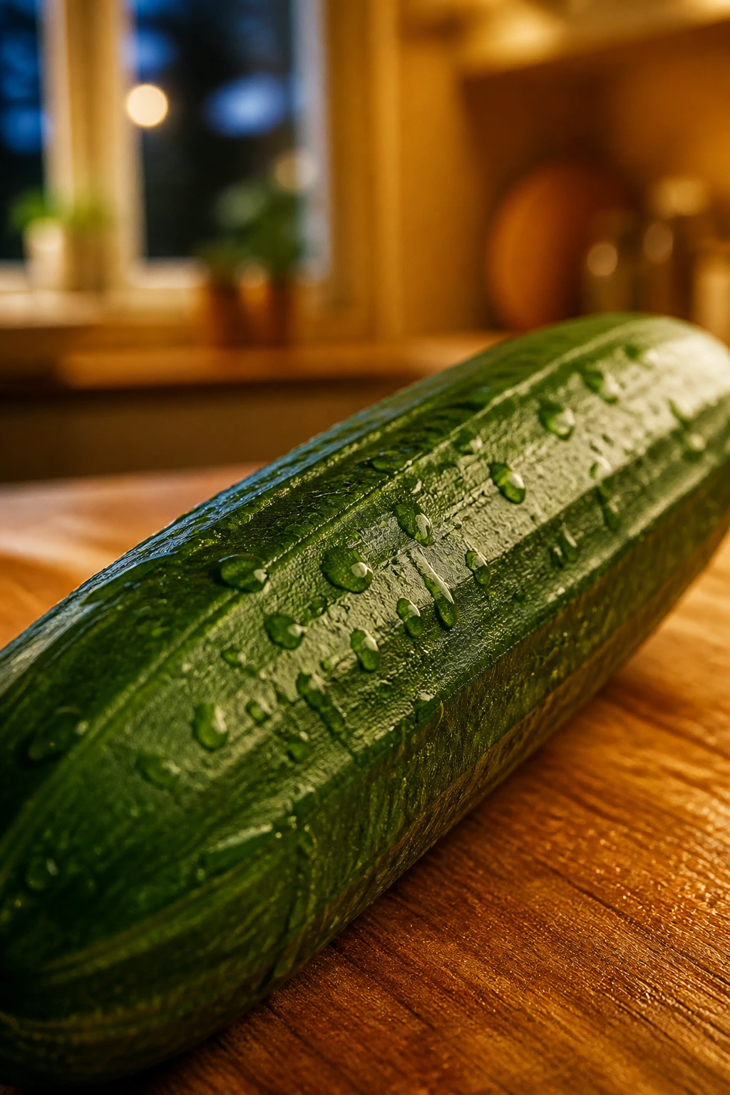 12 Surprising Health Benefits of Eating Cucumbers at Night 1 Close-up cucumber with water droplets in a warm kitchen