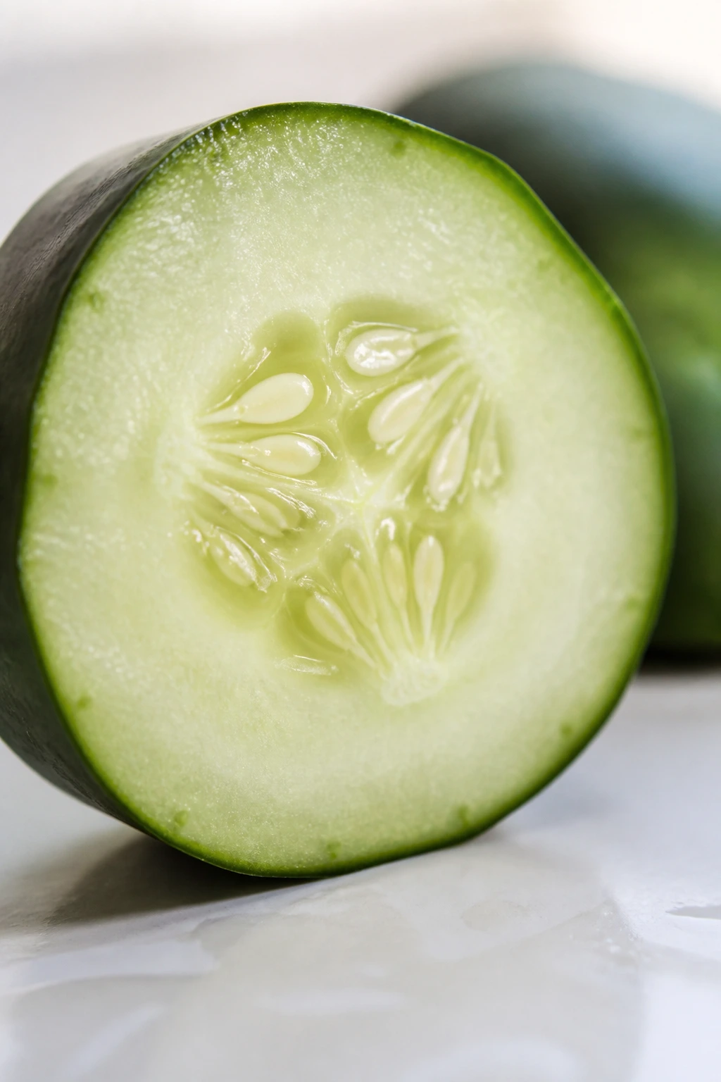 Macro close-up of cucumber slice showing interior and seeds