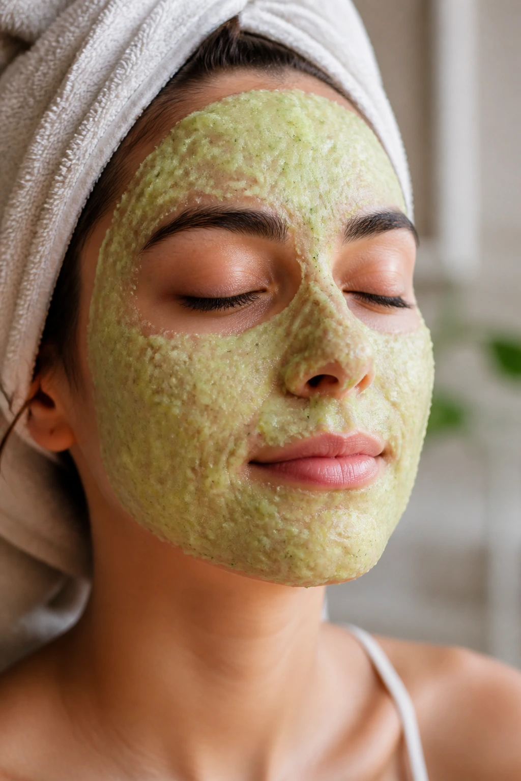 Banishing Breakouts: Are Cucumbers Good For Acne? 4 Person wearing cucumber face mask in a bathroom