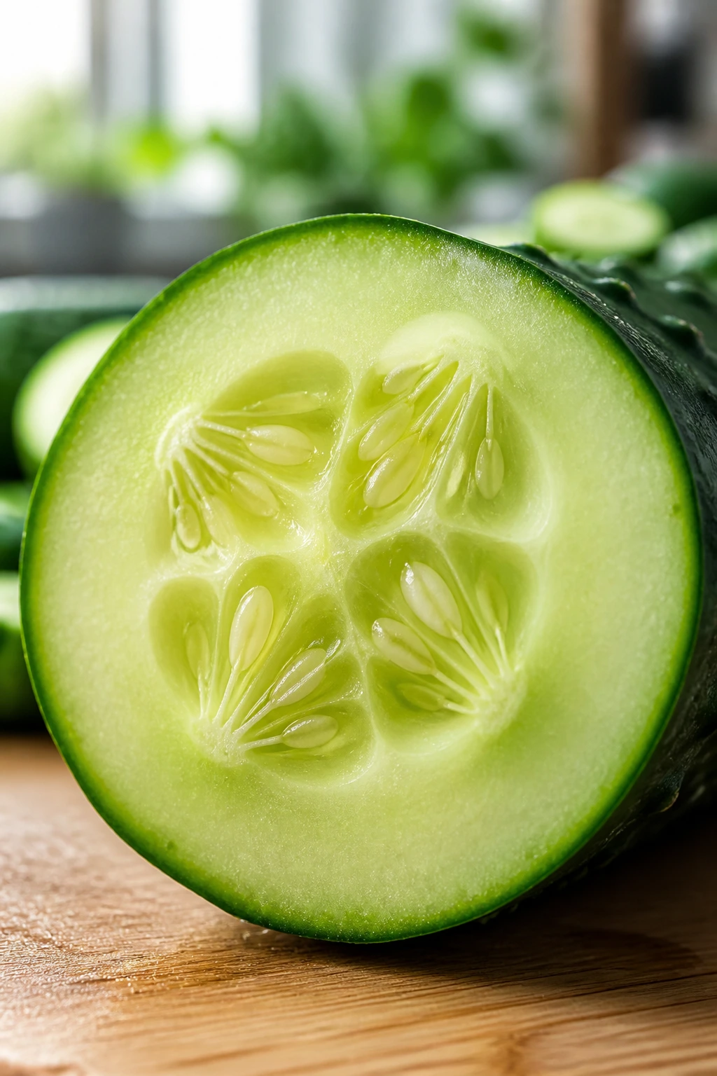 12 Surprising Health Benefits of Eating Cucumbers at Night 9 Macro cross-section of cucumber showing seeds and flesh on wooden board