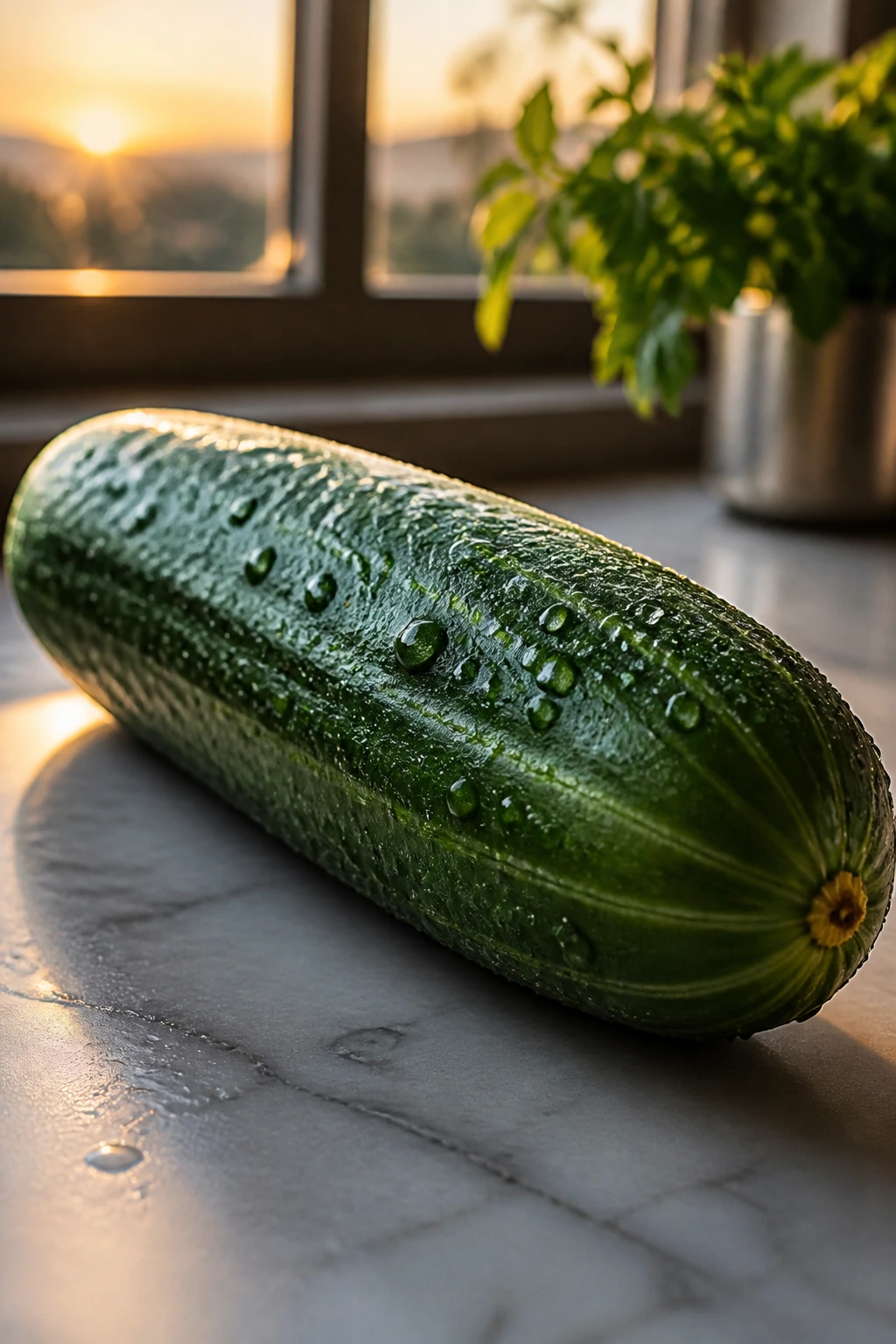 12 Surprising Health Benefits of Eating Cucumbers at Night 8 Close-up cucumber filling frame on kitchen counter for blood pressure support