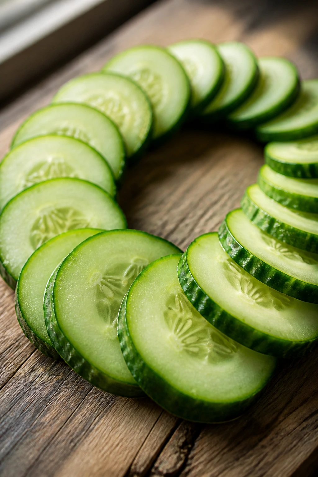 Do Cucumbers Affect Cholesterol Levels? Let's Find Out! 3 Overlapping cucumber slices forming a curved ring on a wooden surface.