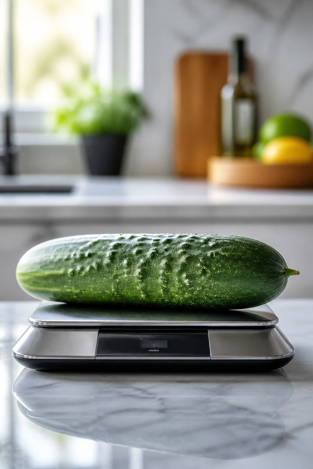 Cucumber centered on a minimalist kitchen scale