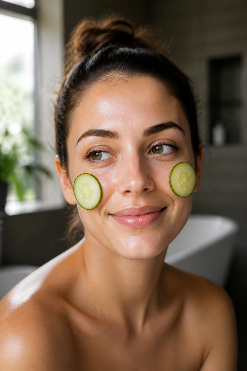 Close-up of a real woman's face with cucumber slices on skin, showing healthy, hydrated skin.