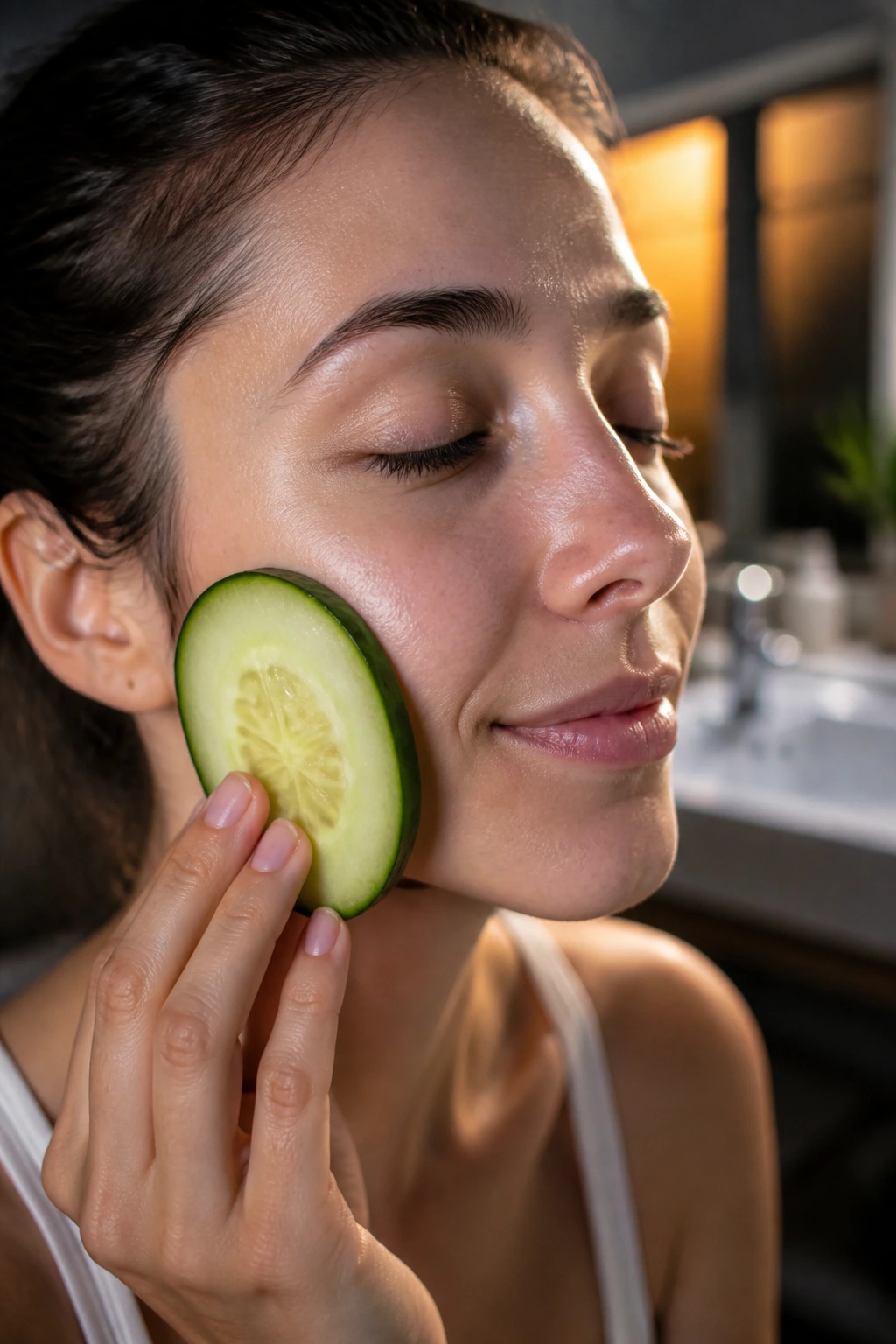 12 Surprising Health Benefits of Eating Cucumbers at Night 7 Close-up cucumber on real person's cheek in nighttime bathroom for skin benefits