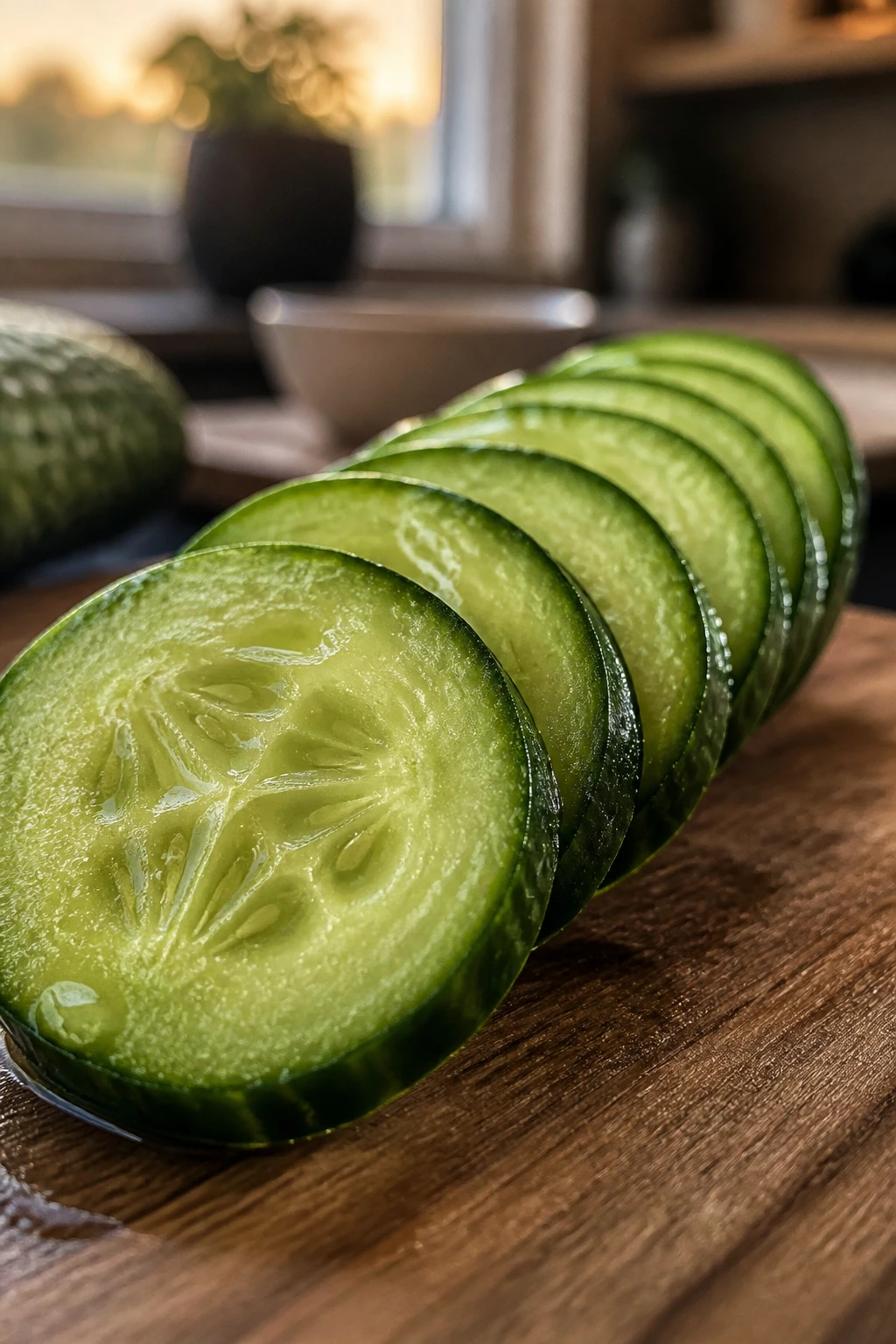 12 Surprising Health Benefits of Eating Cucumbers at Night 2 Curved line of cucumber slices under warm kitchen lighting