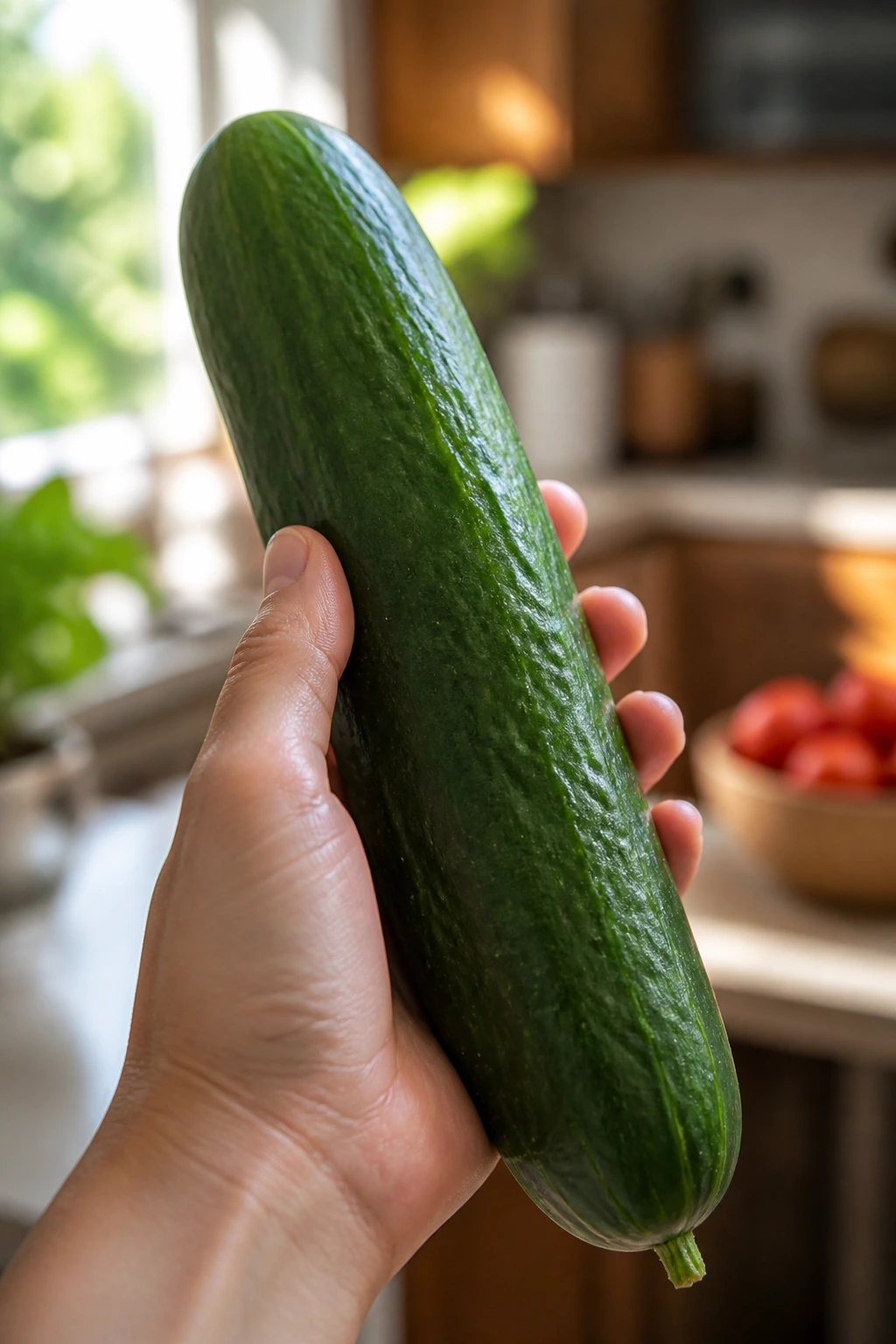 Close-up of a hand holding a cucumber in a kitchen