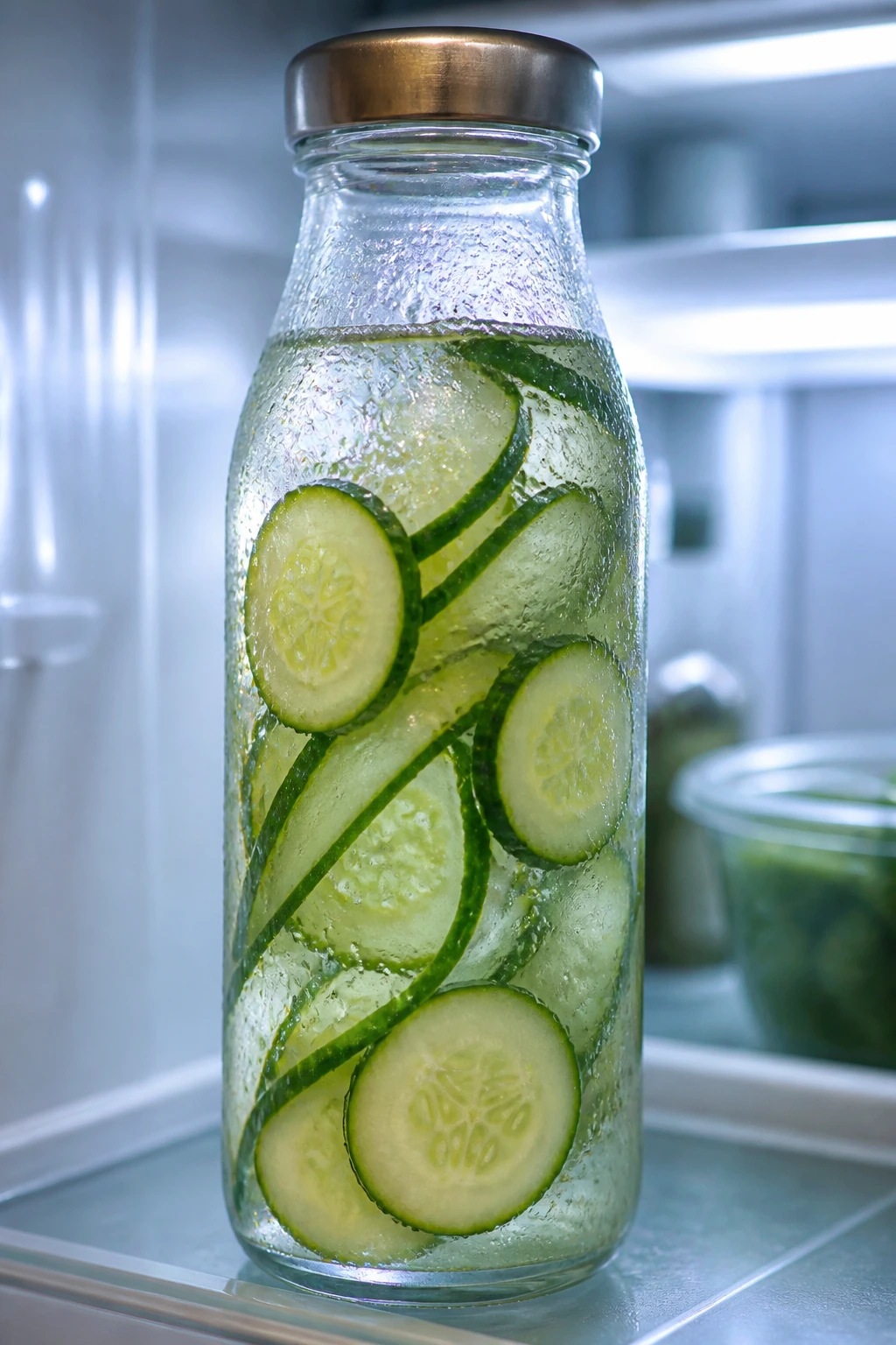 Glass bottle of cucumber water in a fridge showing cold storage.