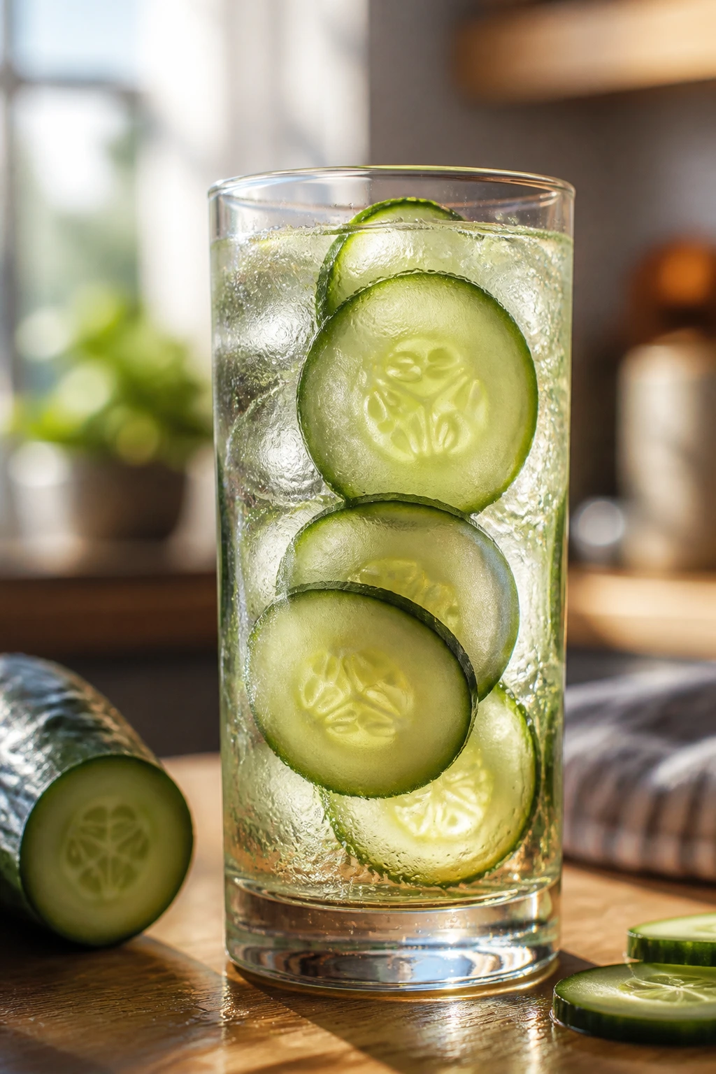 Close-up of a glass of cucumber water with cucumber slices on a kitchen counter.