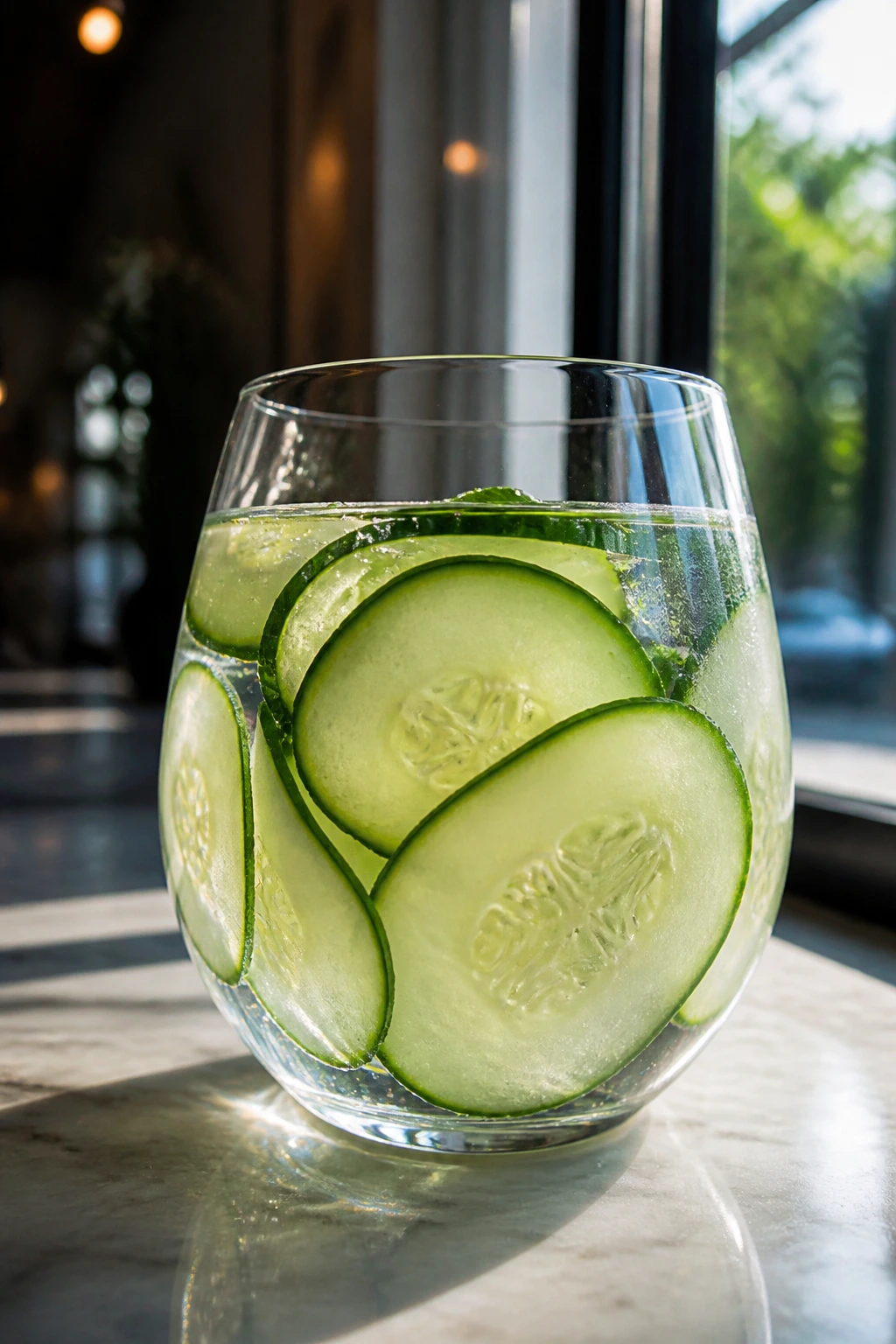 Glass of cucumber water in a sunlit cafe promoting hydration and health.