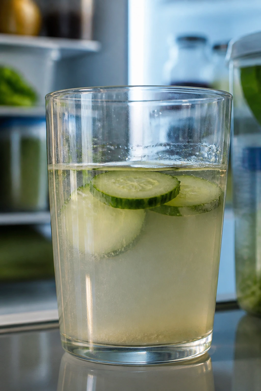 Close-up of cucumber water in a glass with a slightly cloudy look.