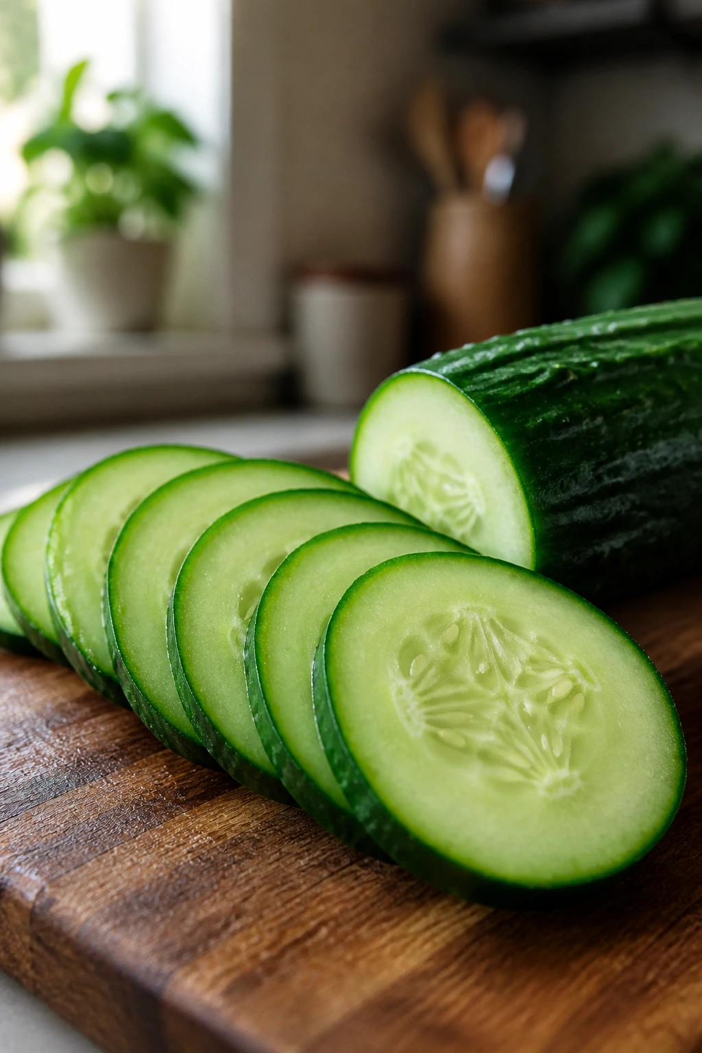 Does Cucumbers Raise Or Lower Your Blood Sugar? 2 Close-up of cucumber slices on a wooden board for blood sugar control
