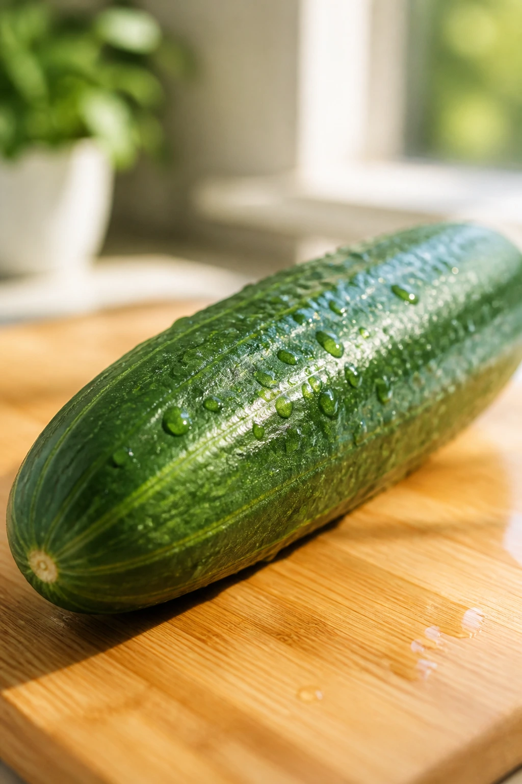 Does Cucumbers Raise Or Lower Your Blood Sugar? 3 Single cucumber on cutting board in sunlit kitchen