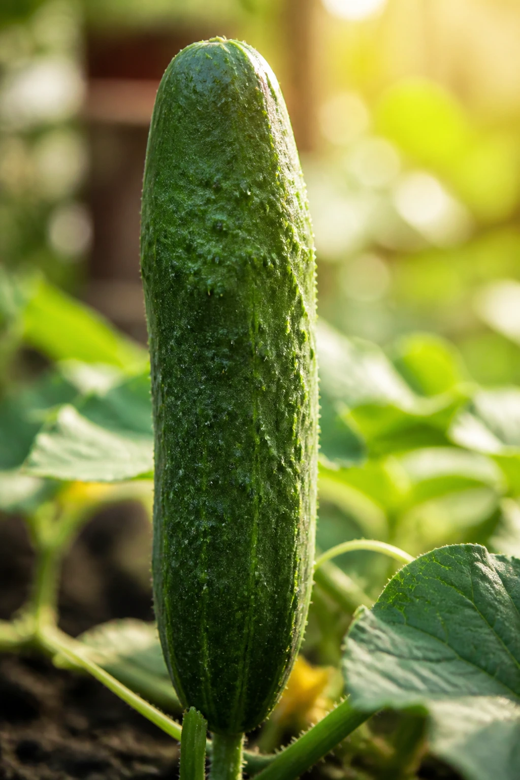 Is Cucumber Good For Fibroid Patients? Is It Safe Or Not? 3 Cucumber standing upright with garden blurred background in outdoor light