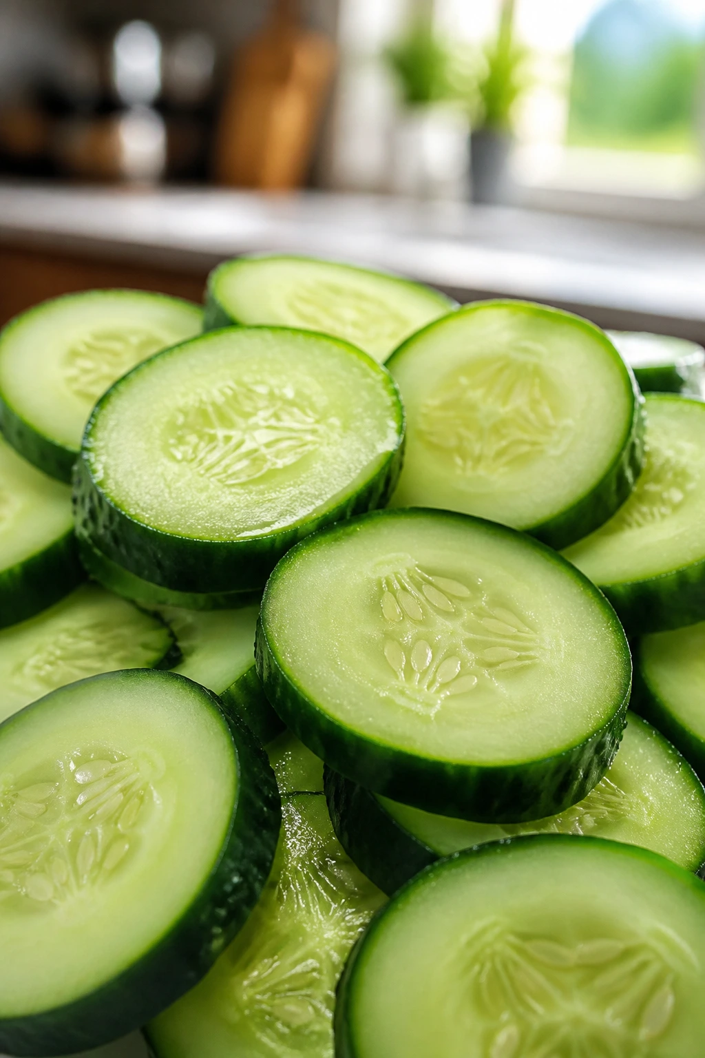 Close-up of cucumber slices filling the frame in a kitchen