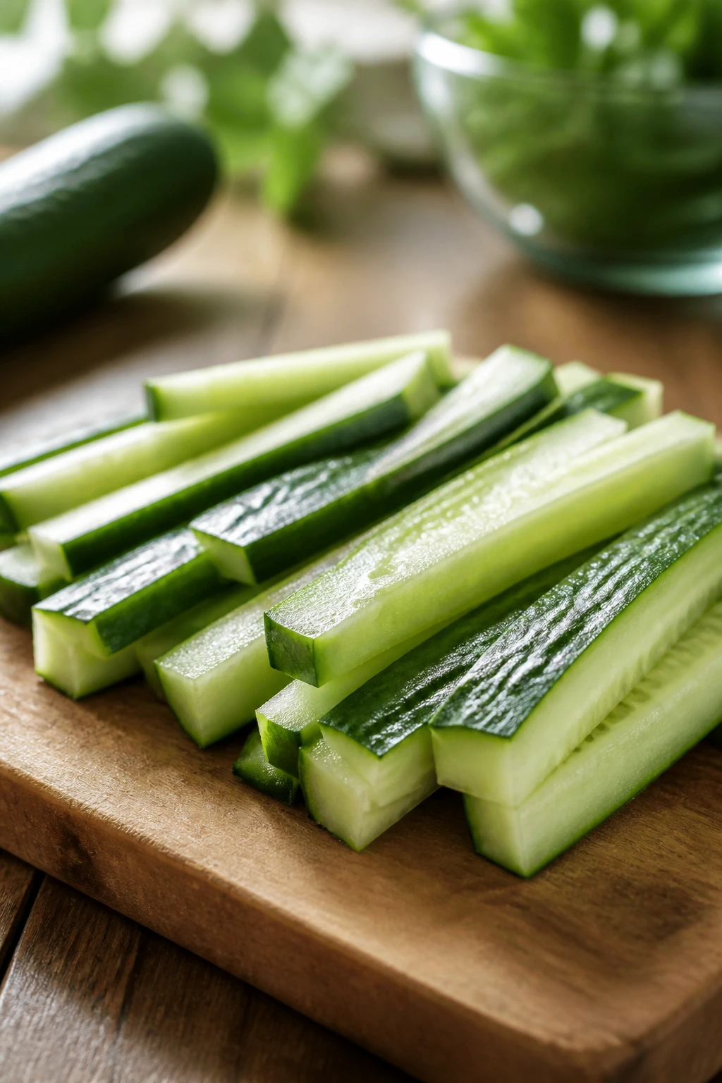 Cucumber sticks on a cutting board ready to eat