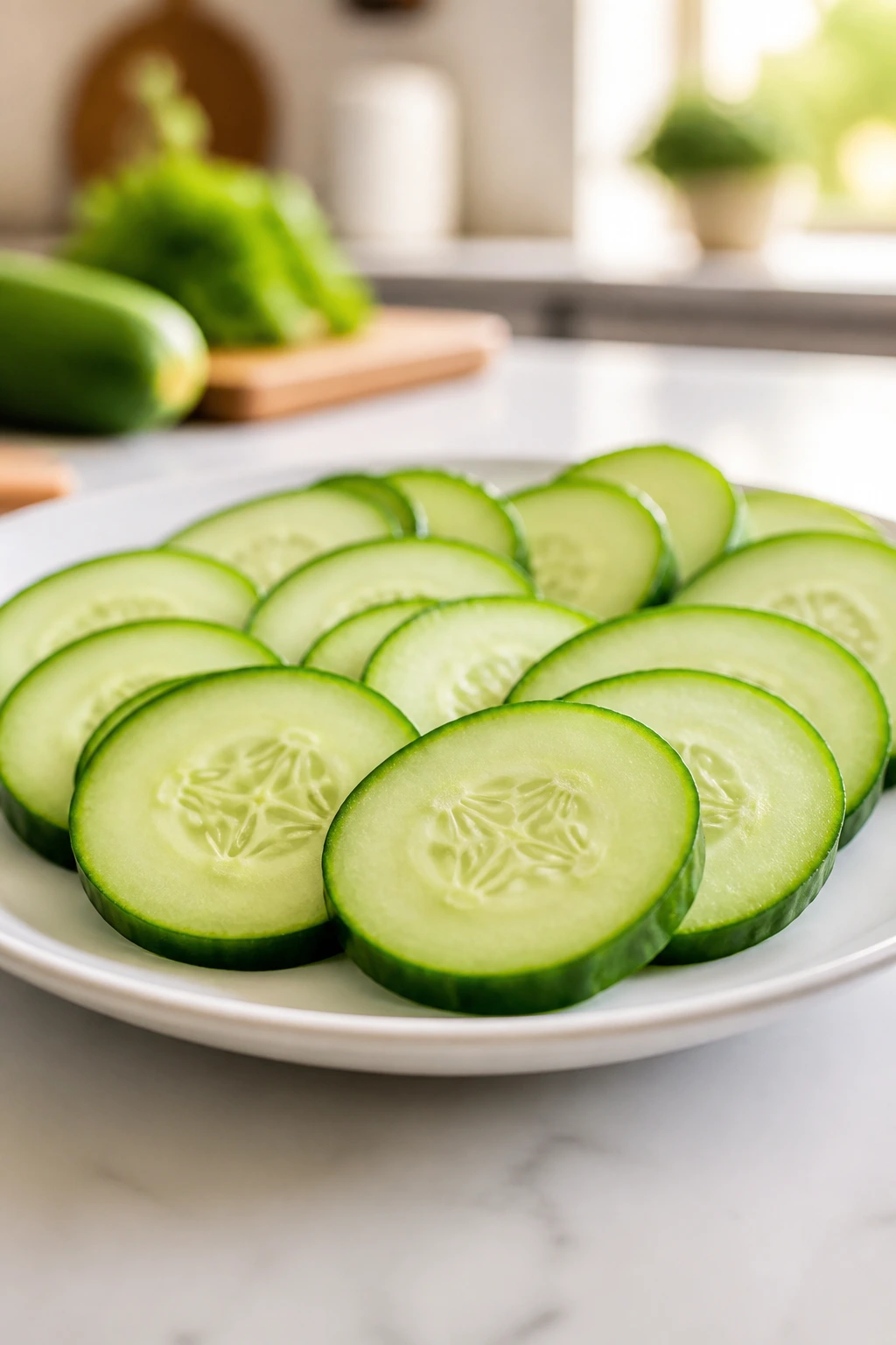 Is Cucumber Good For Blood Type O? Is It Safe Or Not? 4 Cucumber slices arranged on plate in a bright kitchen