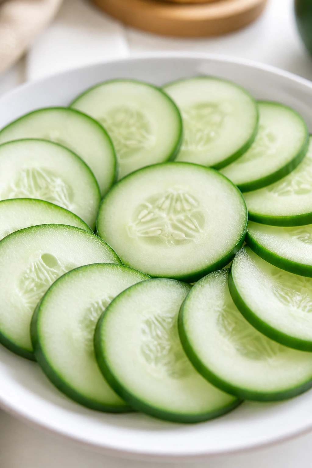 Close-up cucumber slices on a white plate in a home kitchen