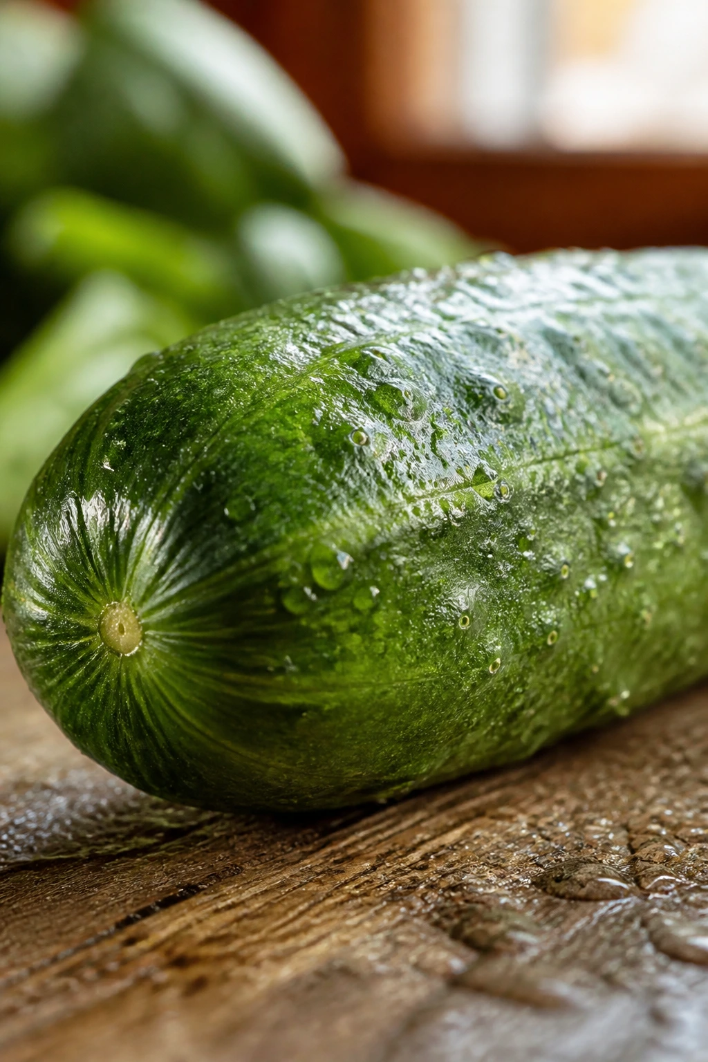 Close-up of a fresh cucumber with water droplets in a kitchen