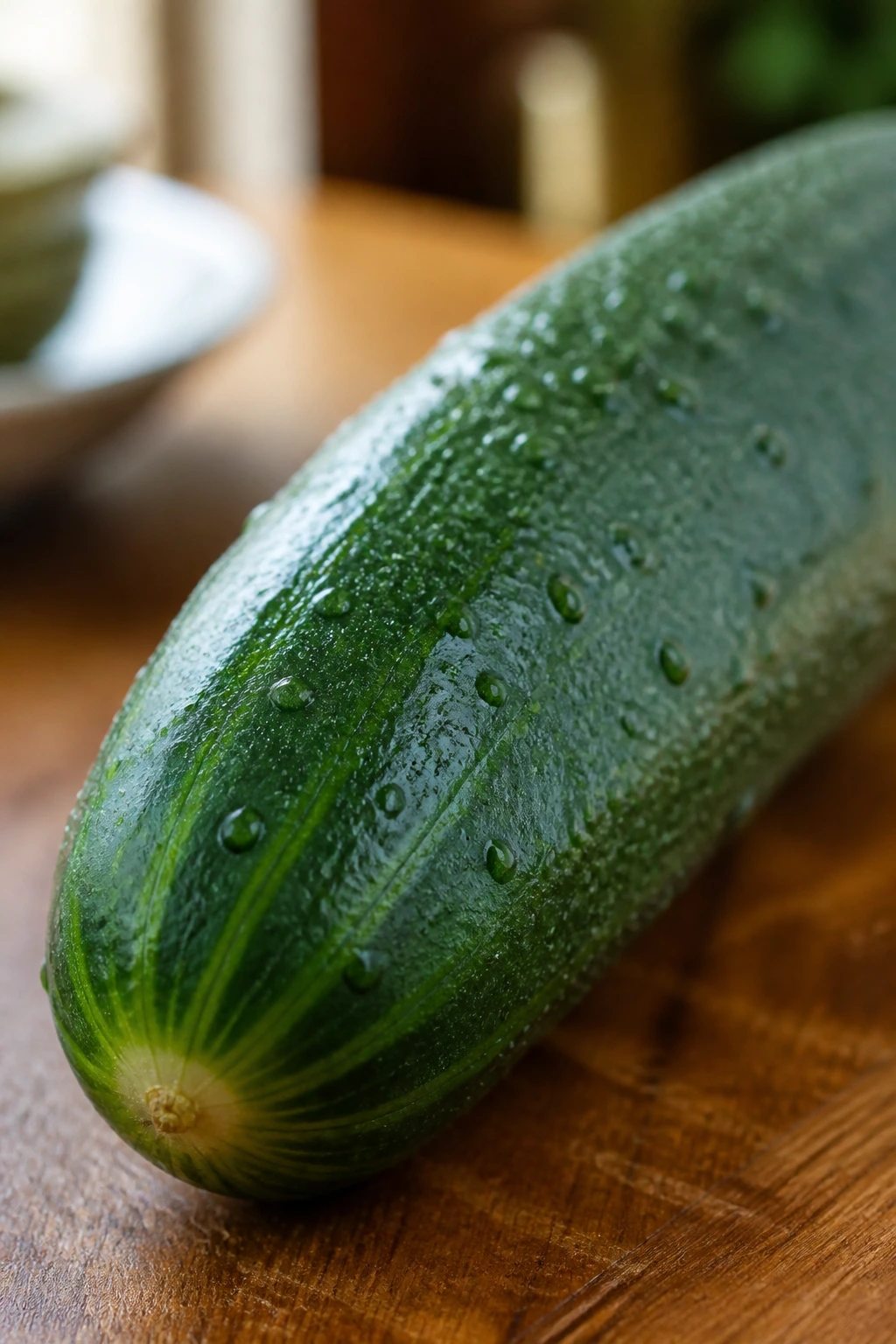 Can Gerbils Eat Cucumbers? All You Need To Know 1 Close-up of a fresh cucumber on a wooden kitchen counter in warm light